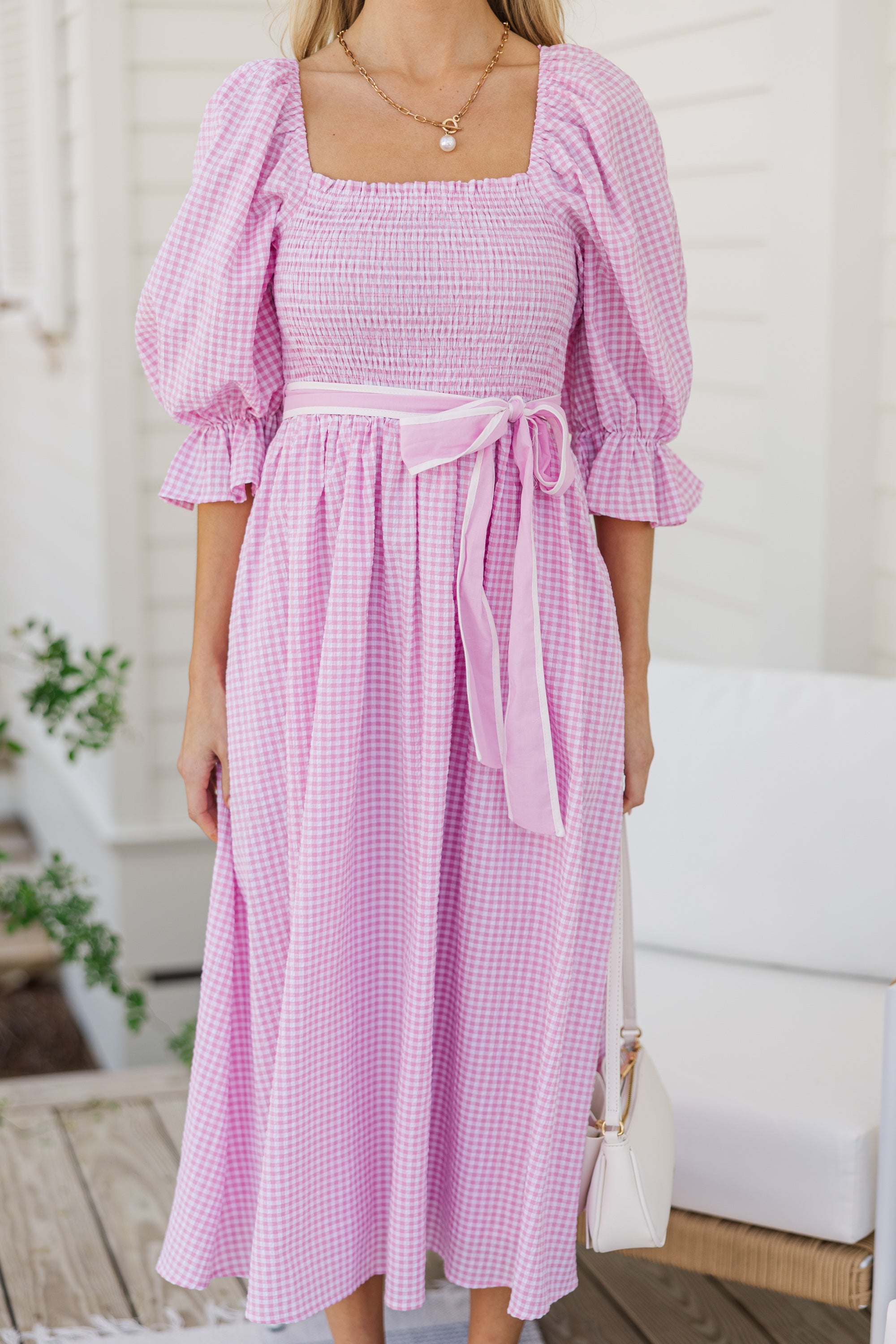 All I Want Pink Gingham Midi Dress - Floral Print Summer Dress for Women, Perfect for Beach Vacation, Date Night & Outdoor Parties