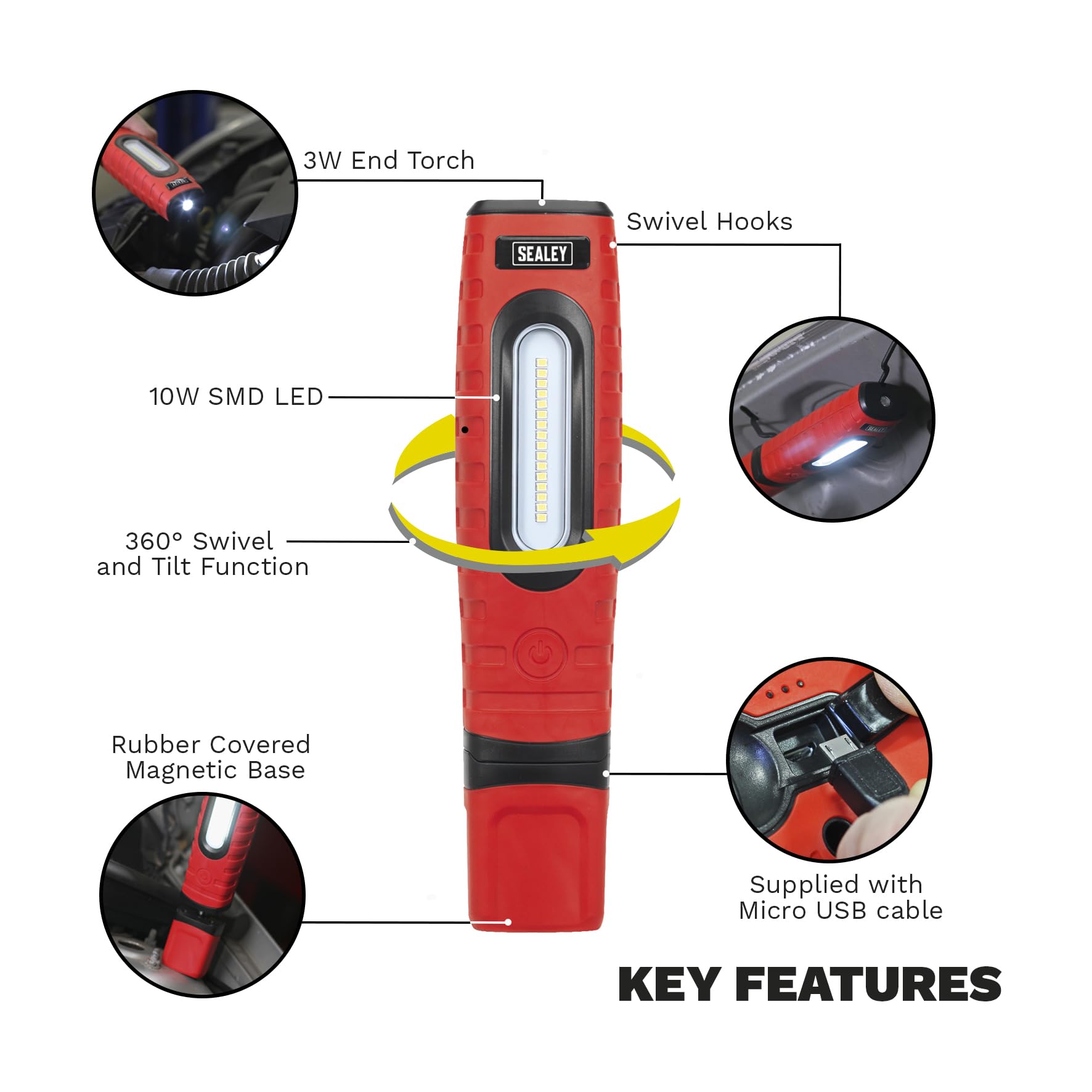 Sealey LED360Plusr Rechargeable 360° Inspection Lamp - 16 SMD + 3W LED with 2 Li-Ion Batteries | Perfect for Auto Repair, Home Maintenance & Emergency Lighting