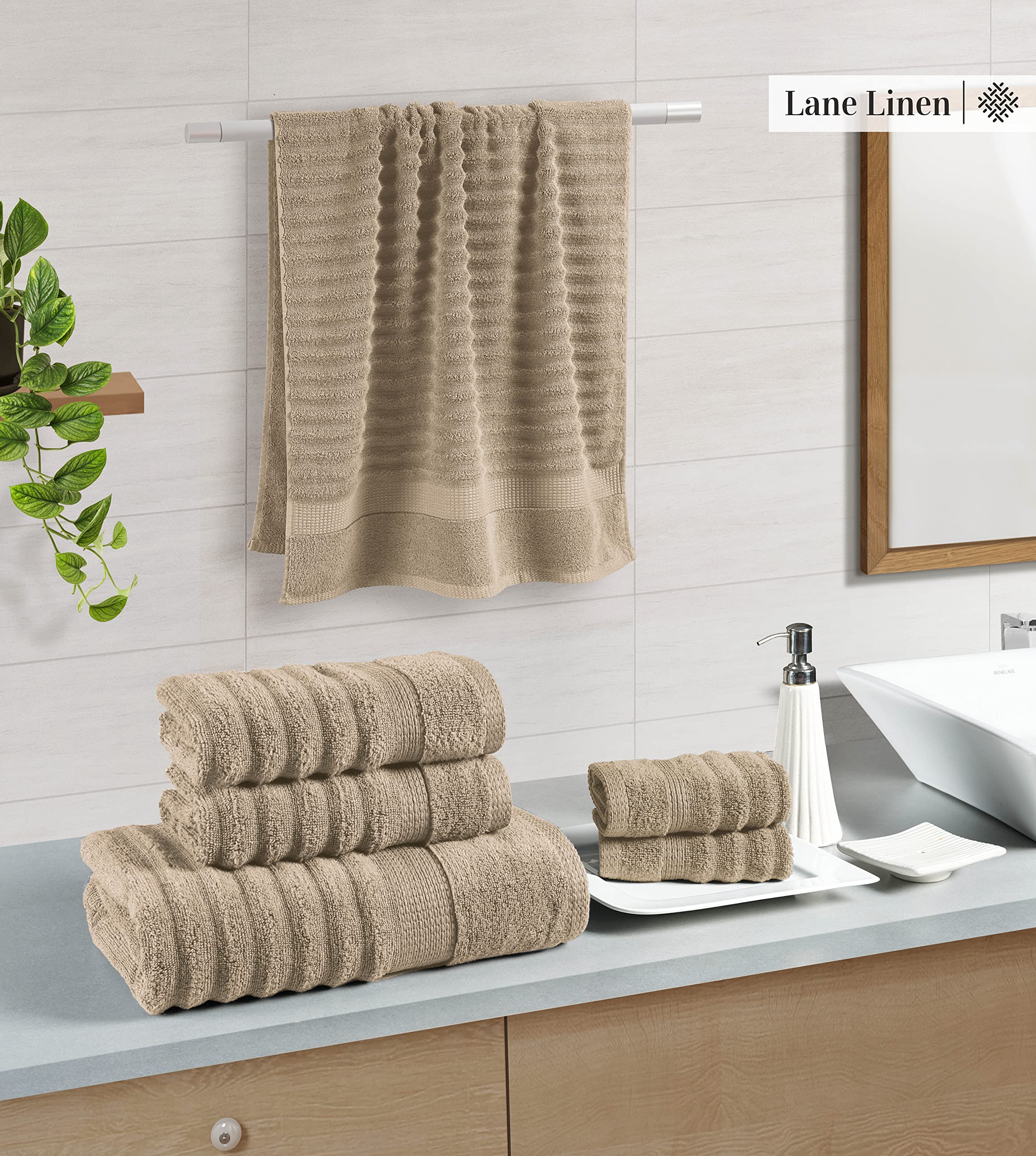 Premium 100% Cotton Bath Towel Set - Ultra Soft & Highly Absorbent 6-Piece Luxury Towels (2 Bath, 2 Hand, 2 Washcloths) for Spa, Hotel & Home Bathroom - Ribbed Textured Taupe Collection - Perfect for Relaxation & Self-Care Moments