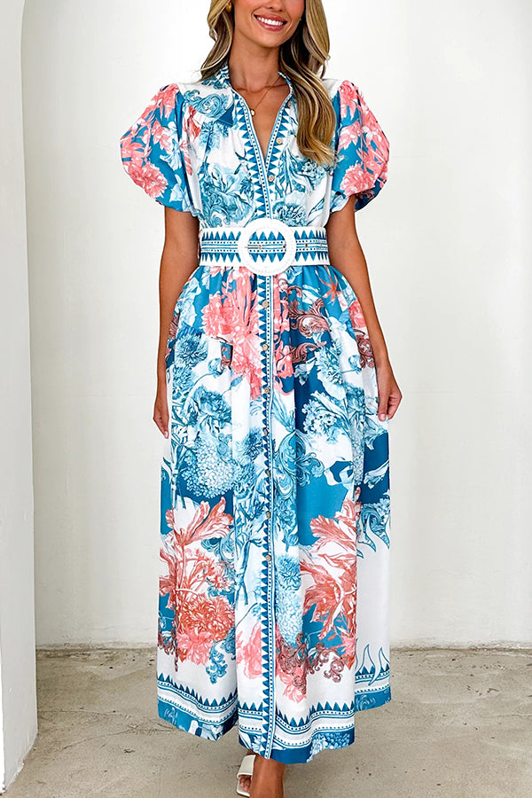 Stylish Floral Print Puff Sleeve Button-Down Belted Maxi Dress for Women | Summer Beach Wedding Party Outfit | Perfect for Vacations, Date Nights & Special Occasions