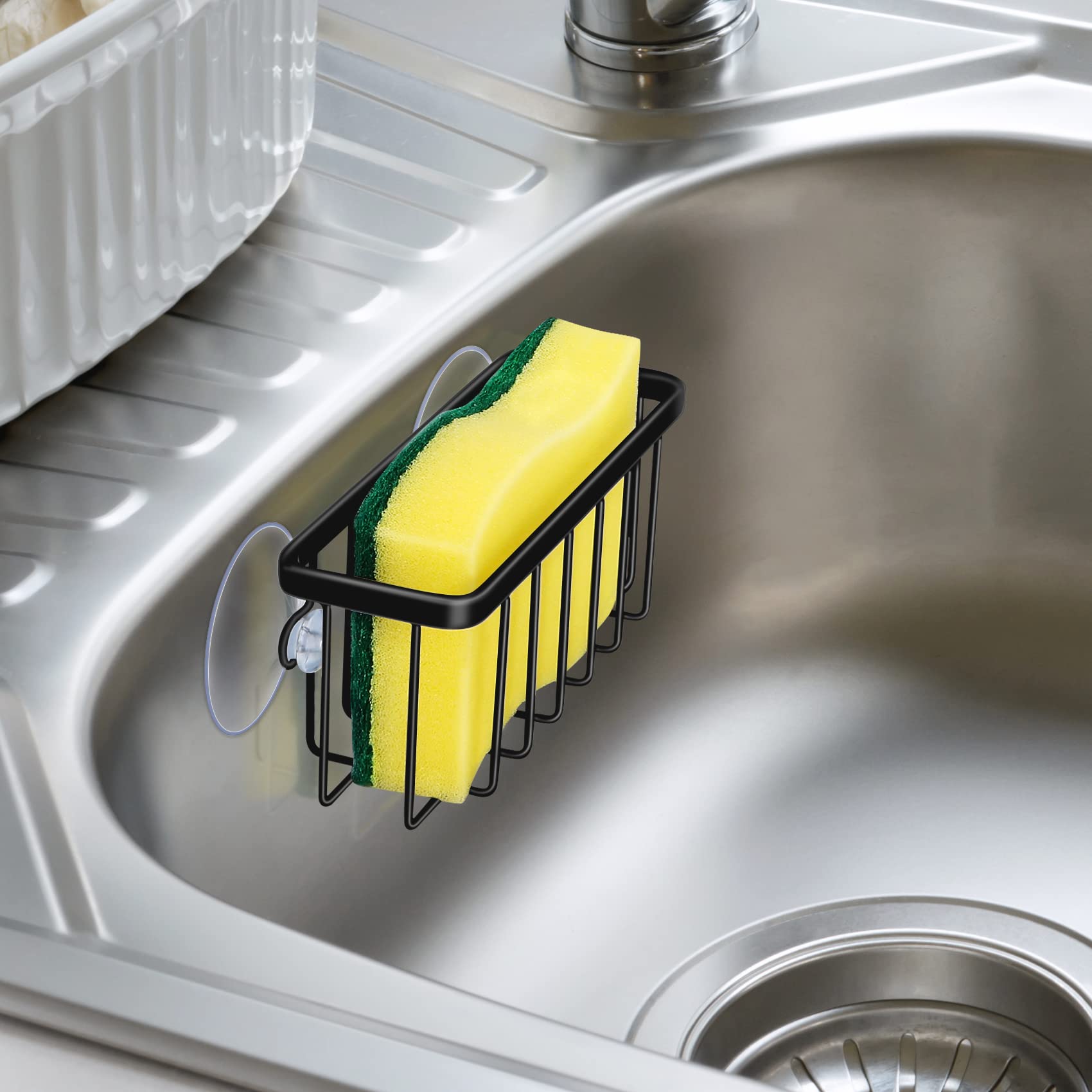 Stainless Steel Kitchen Sink Sponge Holder with Strong Suction - Black Dish Sponge Caddy for Organizing Cleaning Supplies | Perfect for Small Kitchens, RVs & Apartments