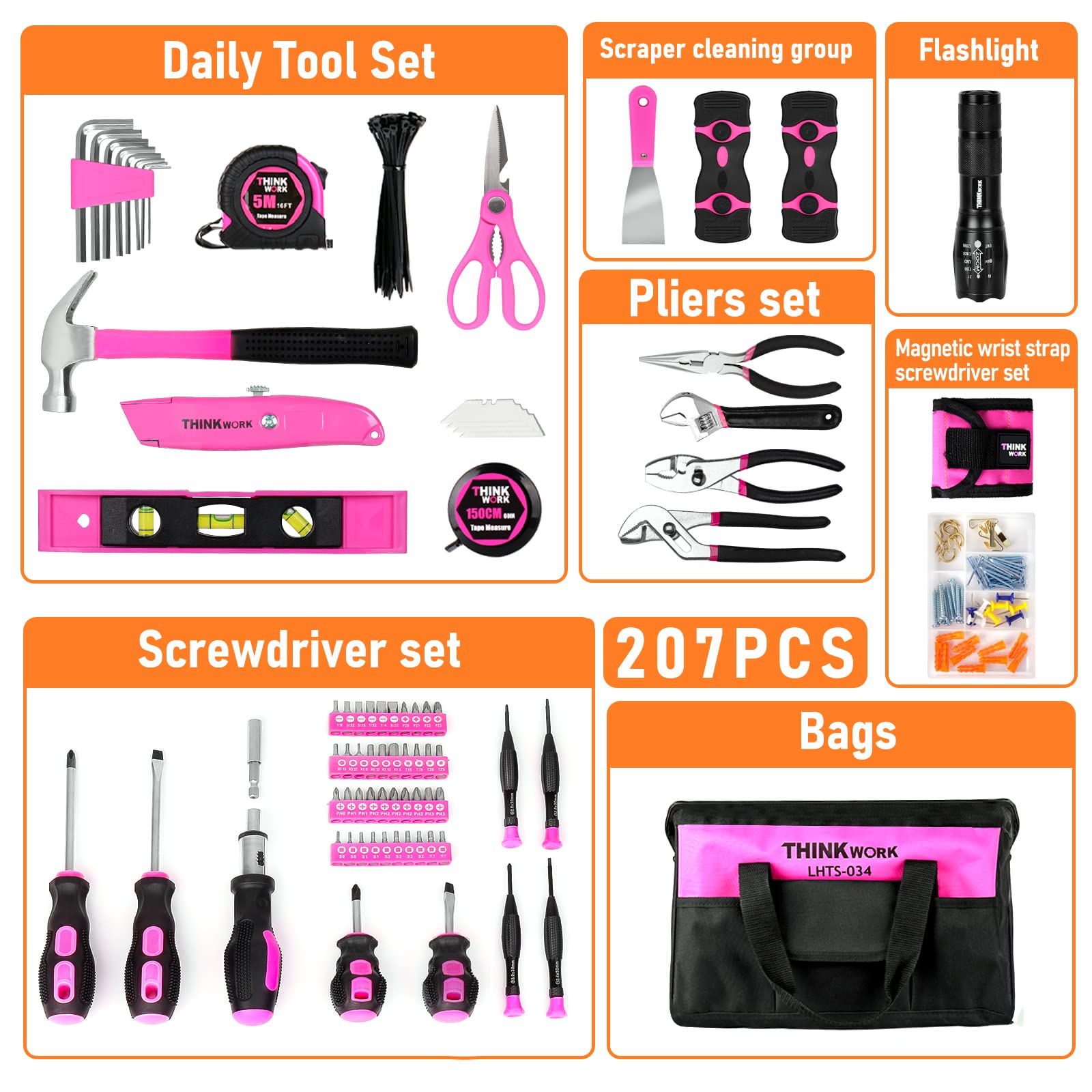 THINKWORK 207-Piece Pink Tool Set for Women - Portable Home Repair Tool Kit with 13'' Wide Mouth Storage Bag | DIY Projects, Household Maintenance | Perfect Christmas Gift for Her | LHTS-034 | Ideal for Home Improvement, Apartment Fixes & Crafting Projects
