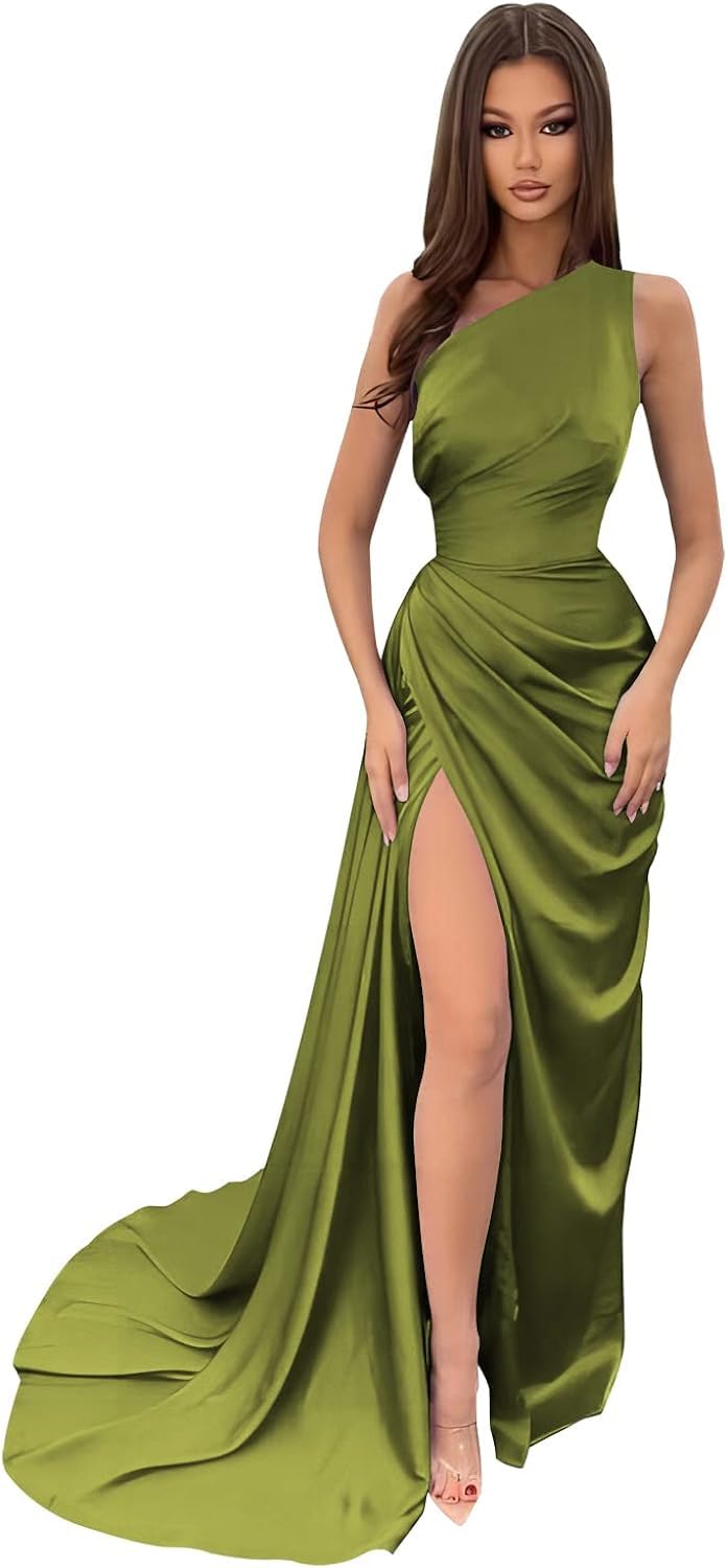 Elegant One Shoulder Satin Bridesmaid Dress for Women - Mermaid Prom Gown with High Slit for Formal Evening Parties, Weddings & Special Occasions