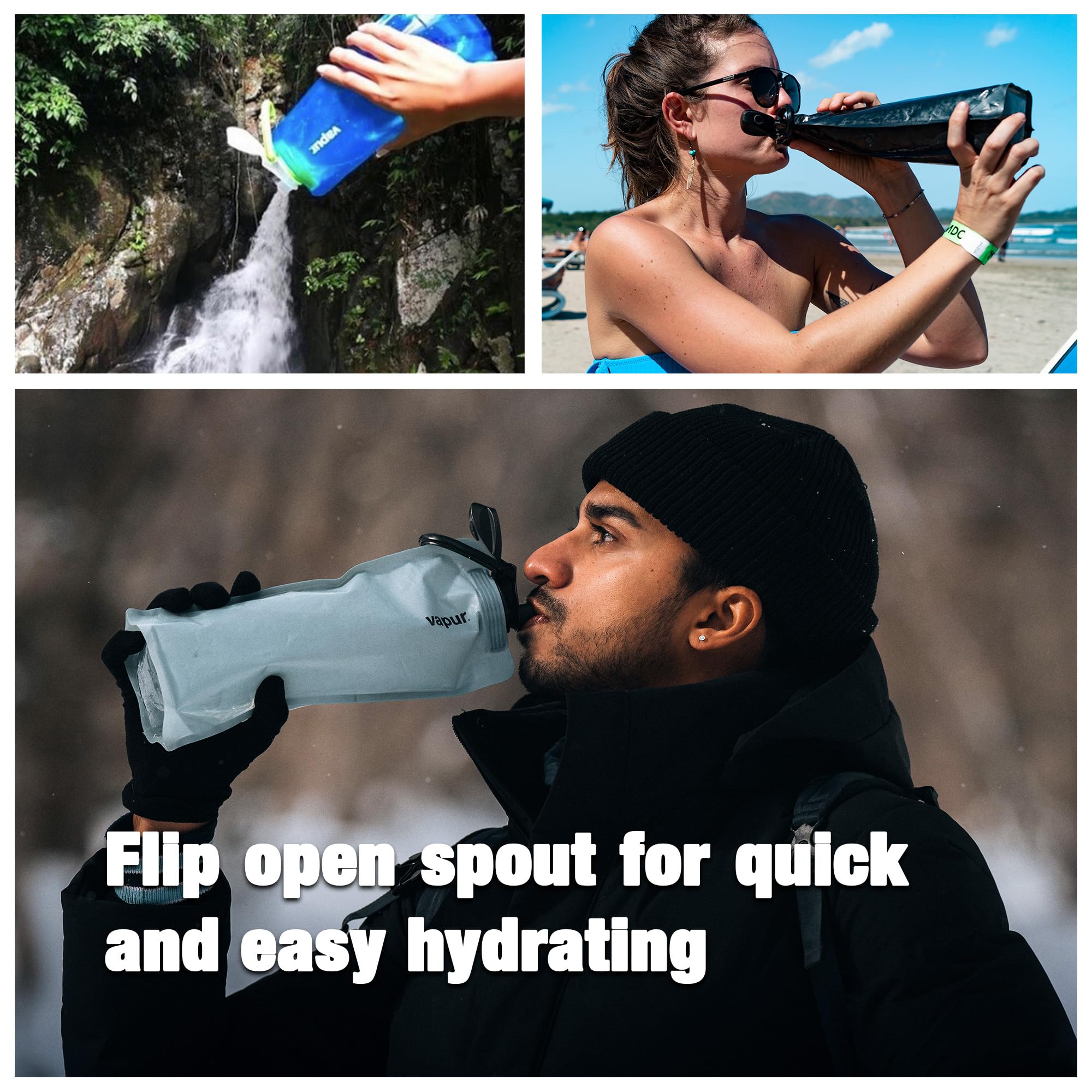 Vapur Solid Flexible Water Bottle - BPA Free, Collapsible, Lightweight with Carabiner Clip - Perfect for Hiking, Camping, Travel & Outdoor Adventures