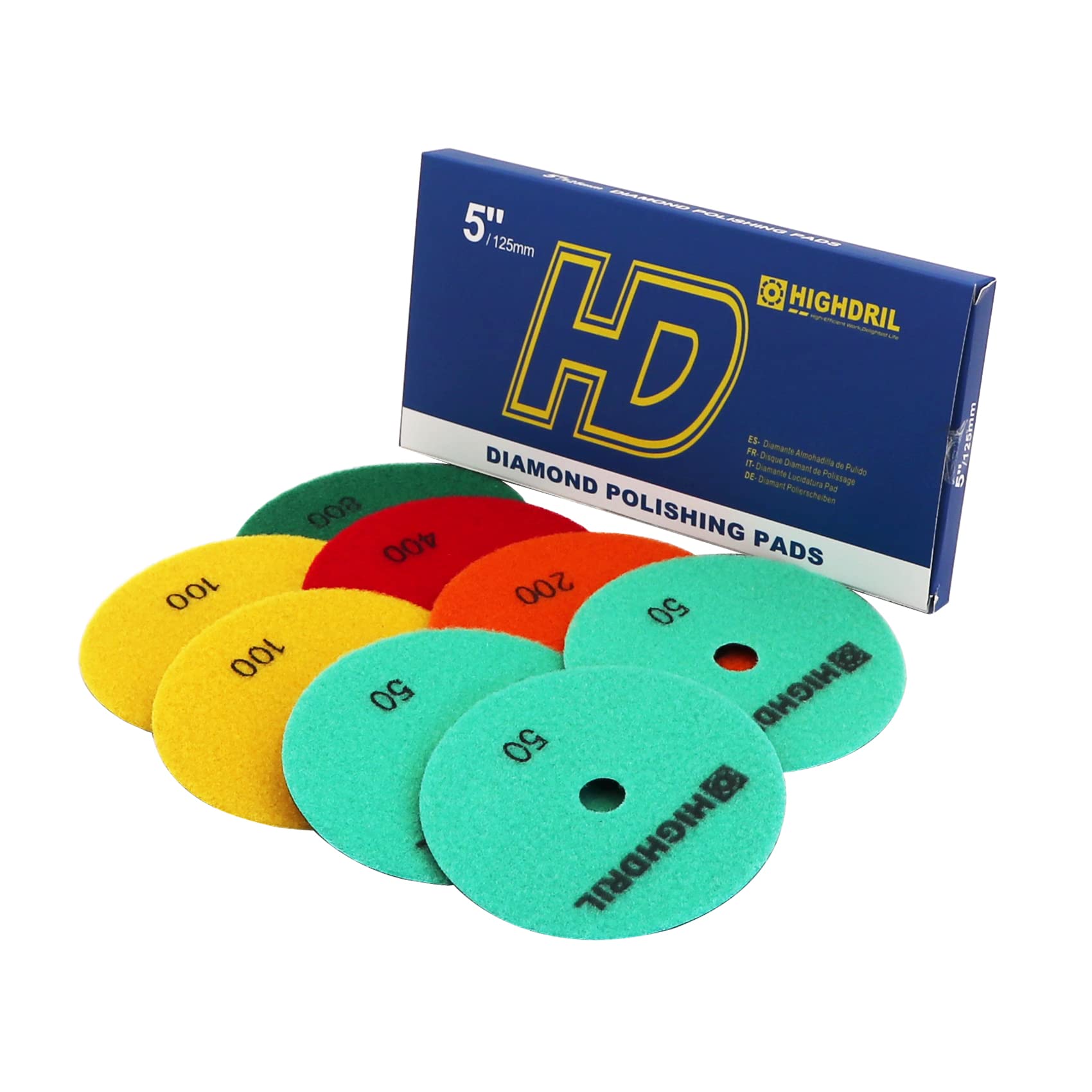 8pcs 5 Inch Dry Diamond Polishing Pads Kit - #50x3, #100x2, #200, #400, #800 Grit for Granite, Marble & Ceramic - Compatible with Angle Grinder & Polisher - Perfect for Countertop, Floor & Tile Restoration