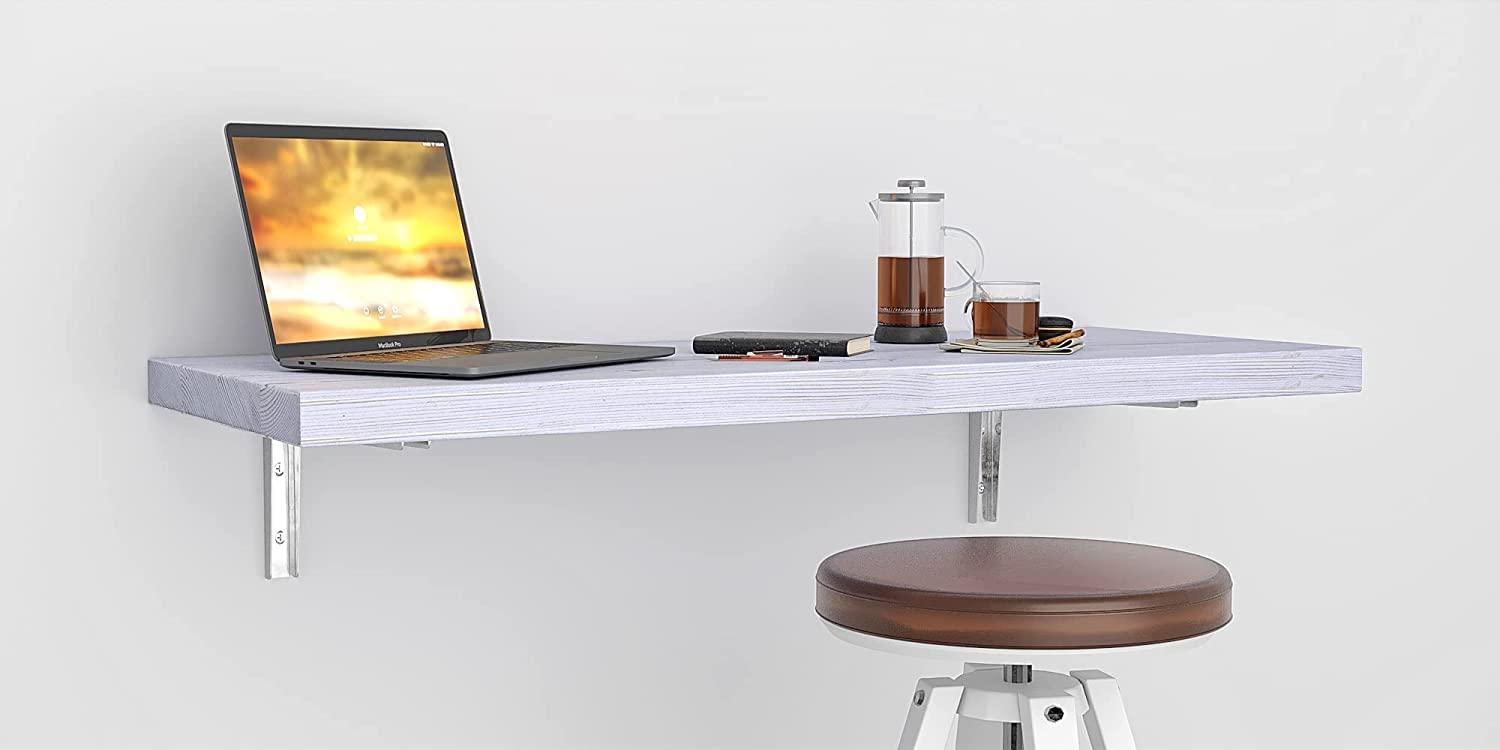 Wall Mounted Floating Desk - Foldable Space Saving Table for Small Spaces, Kitchen Counter, Laundry Shelf & Home Office - Rustic White (49