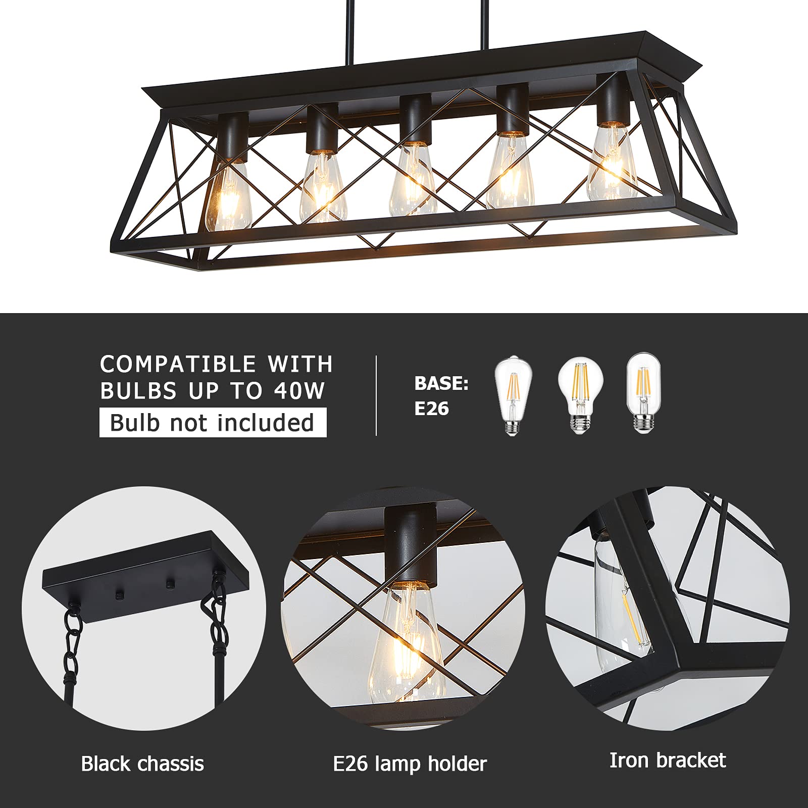 Modern 5-Light Black Chandelier for Dining Room, Farmhouse Kitchen Island, Entryway, Bedroom & Living Room - Elegant Ceiling Pendant Light Fixture for Home Decor