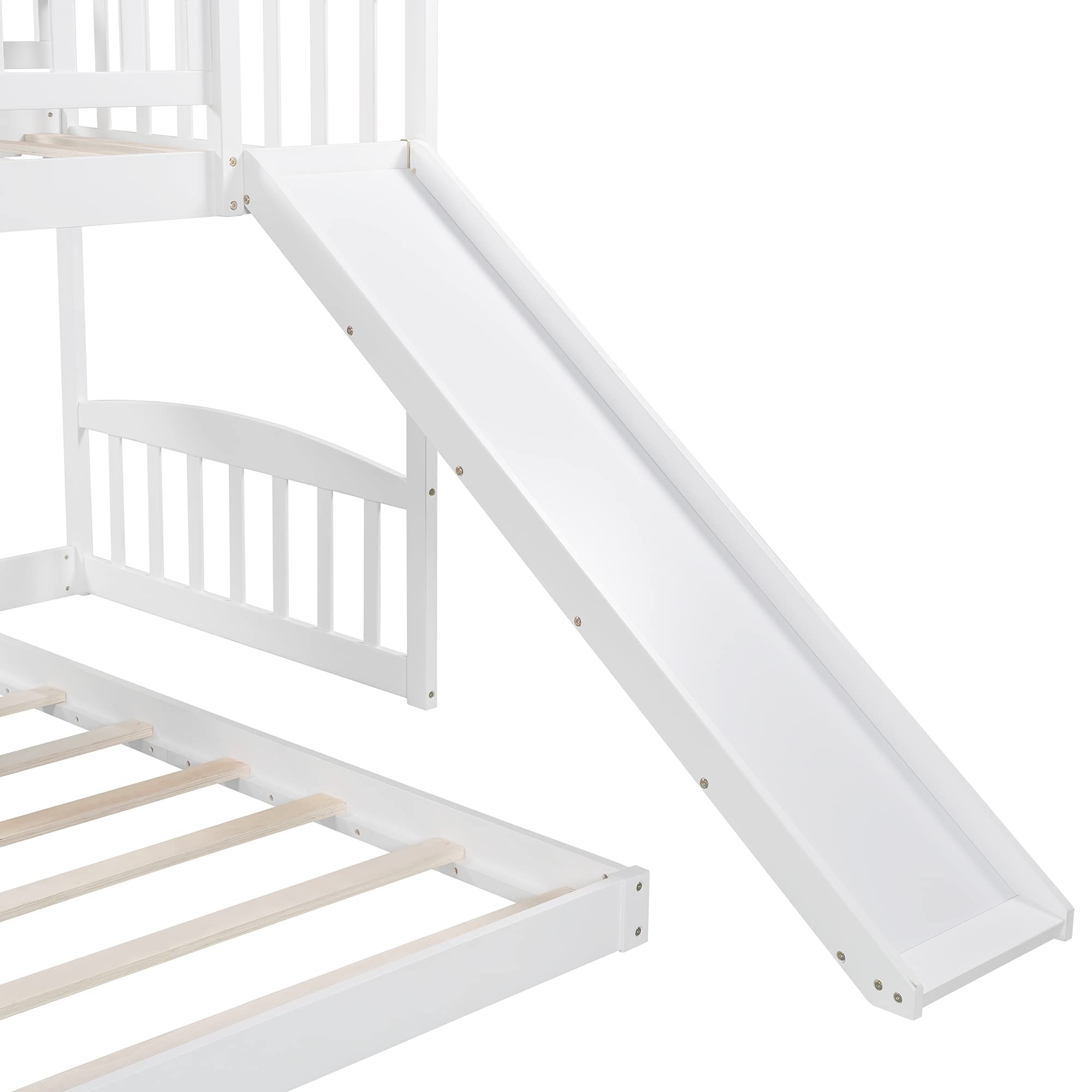Twin Over Twin Bunk Bed with Slide - Wooden Bunk Bed Frame with Ladder & Guardrails for Kids & Teens - Space Saving Floor Bunk Bed for Boys & Girls (White) - Perfect for Small Bedrooms, Shared Kids Rooms & Sleepovers
