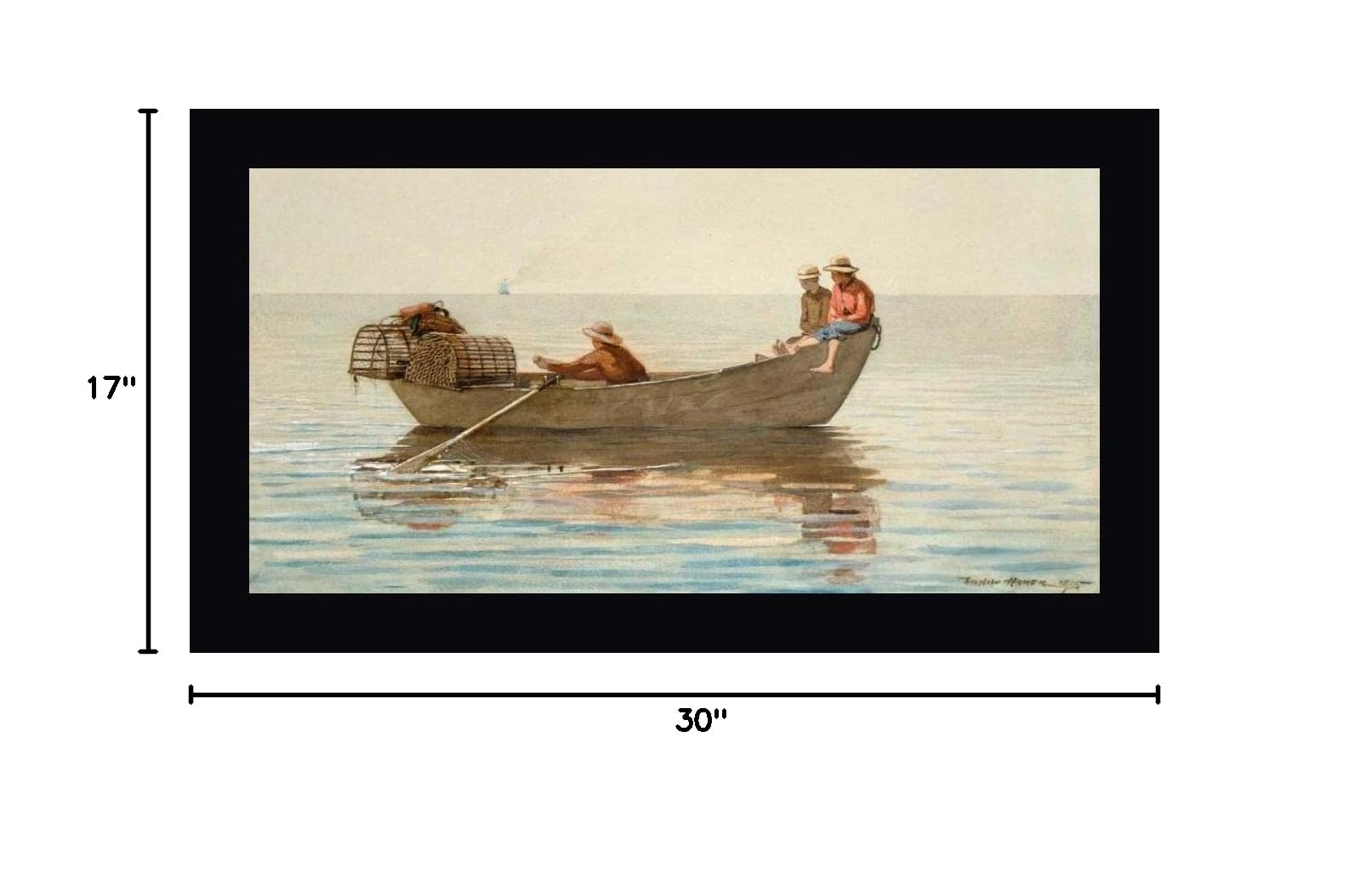 Three Boys in a Dory with Lobster Pots by Winslow Homer - 17x30 Inch Framed Canvas Art Print with Black Frame - Ready to Hang Wall Decor for Living Room, Bedroom or Office