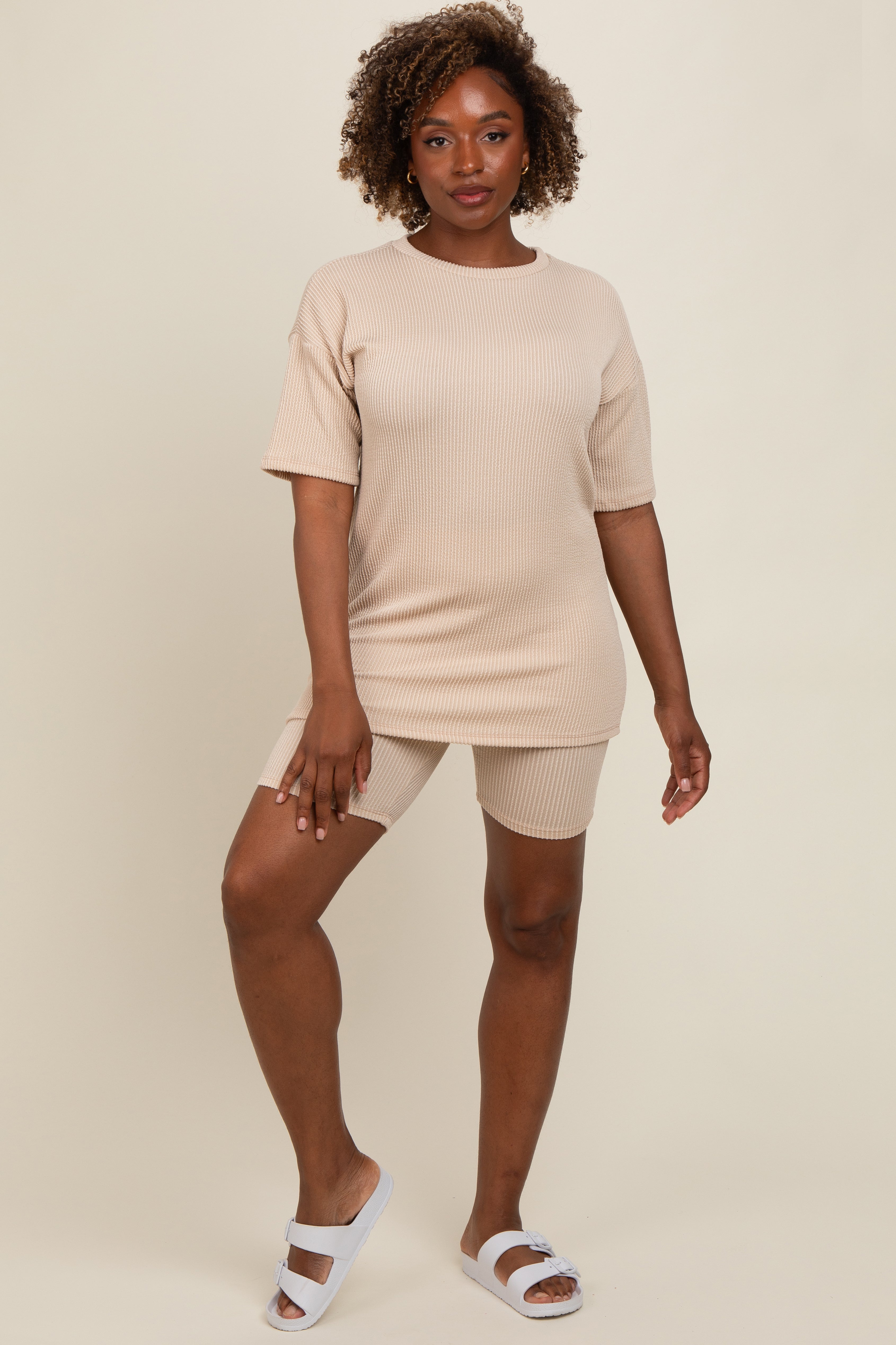 Beige Ribbed Biker Shorts Set for Women - High Waist Yoga Shorts with Pockets, Comfortable Workout & Lounge Wear for Running, Cycling, Gym, and Casual Outfits