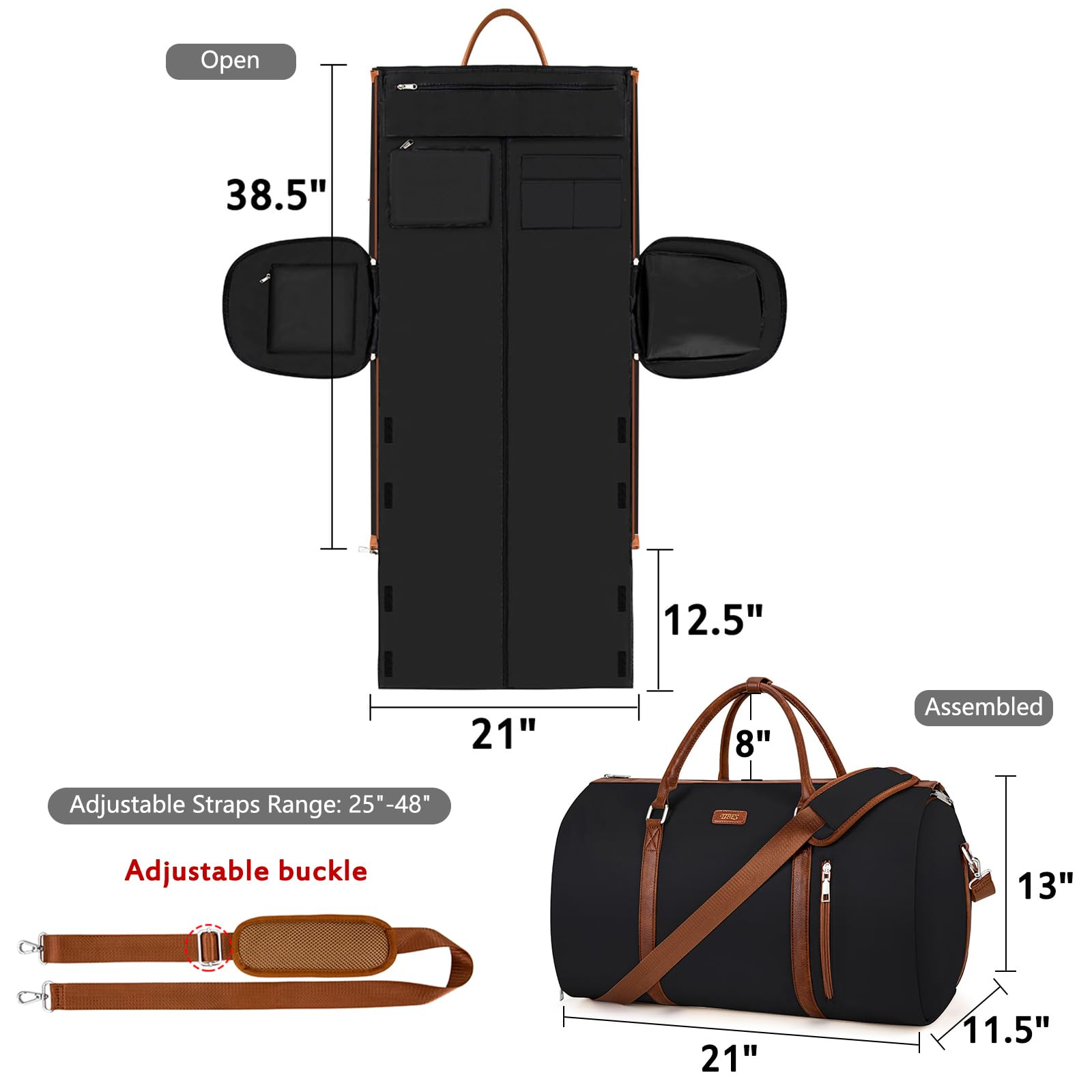 2-in-1 Convertible Travel Garment Duffle Bag with Detachable Toiletry Pouch - Large Carry-On Weekender Bag for Men & Women - Hanging Suitcase for Business Trips & Weekend Getaways (Black)
