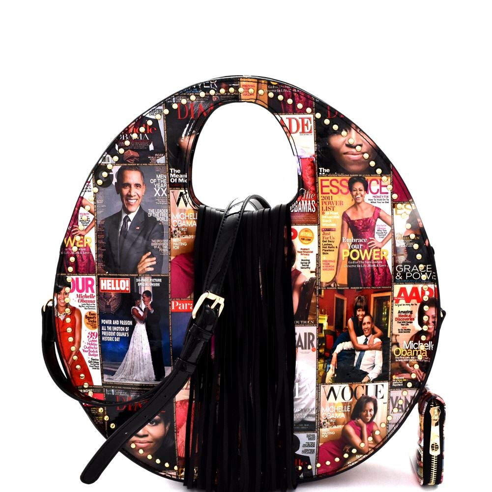 Michelle Obama Magazine Cover Print Fringed Round Handle Satchel Purse Wallet Set - Stylish Women's Handbag for Work, Travel & Evening Events