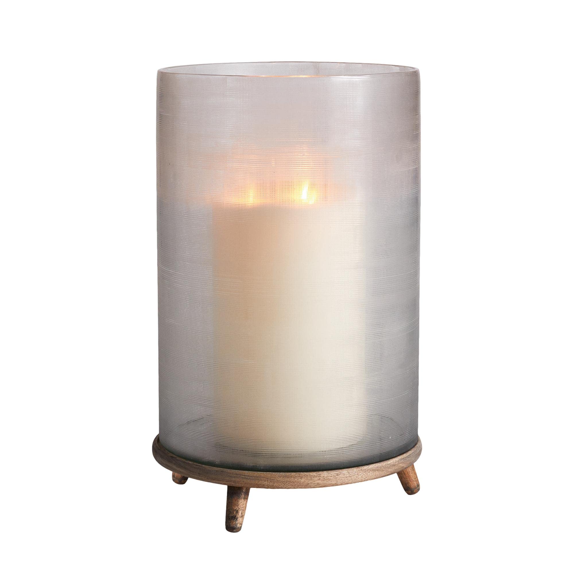 Elegant Etched Glass Hurricane Candle Holder with Gray Wood Base - Romantic Home Decor for Weddings, Dining Tables & Cozy Nights