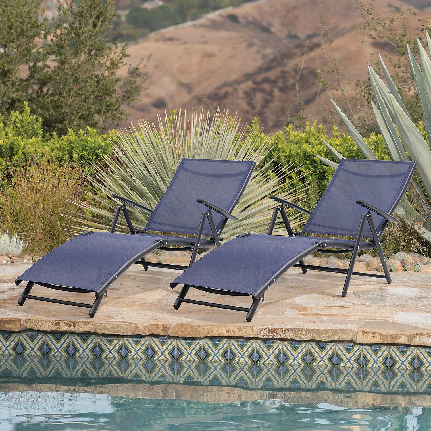 Adjustable Folding Recliner Chaise Lounge Chairs Set of 2 - Outdoor Patio Furniture for Pool, Beach, Yard & Balcony - Foldable Sunbathing Tanning Chair (Blue) - Perfect for Relaxing, Lounging & Soaking Up the Sun
