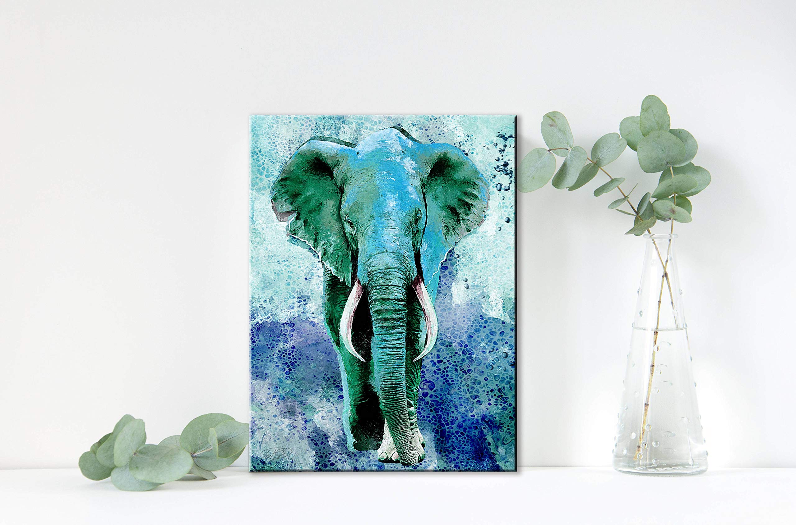 Waterproof Elephant Wall Art - Turquoise Teal Decor Paintings for Bedroom, Living Room & Bathroom - 12x16 Wood Framed Inspirational Art for Home & Office Decor