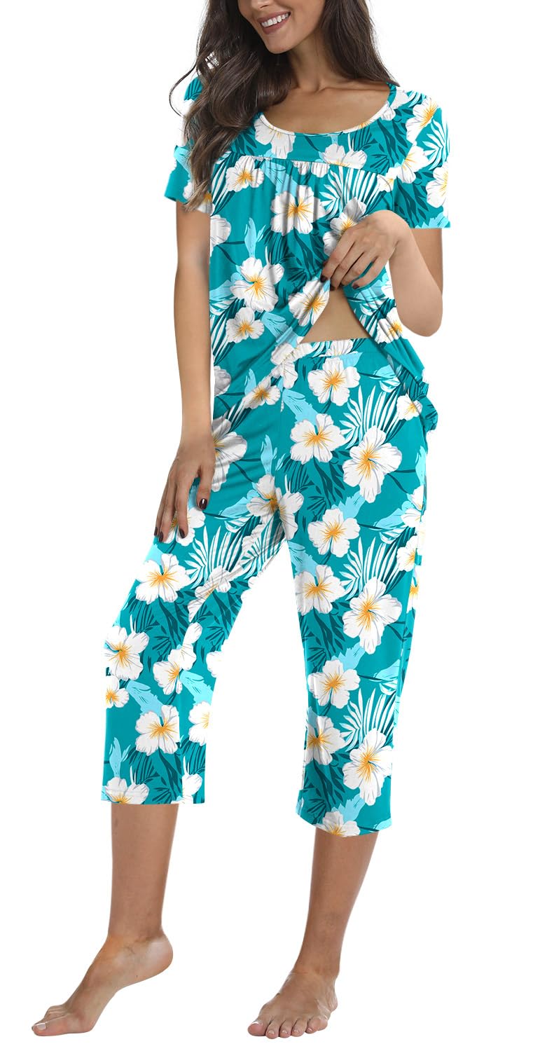 POPYOUNG Women's Summer Pajama Sets - 2 Piece Loungewear with Capri Pants & Pockets | Soft Sleepwear for Nighttime & Relaxation | Perfect for Home, Vacation & Sleepovers