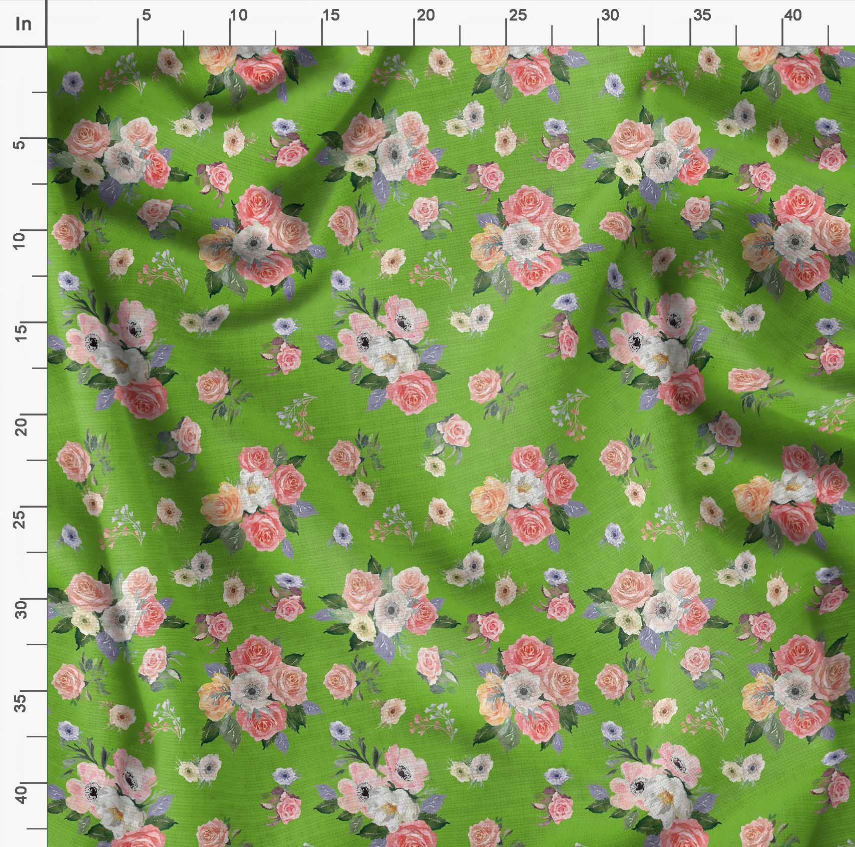 Soimoi Moss Georgette Green Floral Fabric by The Yard - 42 Inch Wide Printed Textile with Anemone & Roses Design for DIY Crafts, Dresses, Curtains & Home Decor