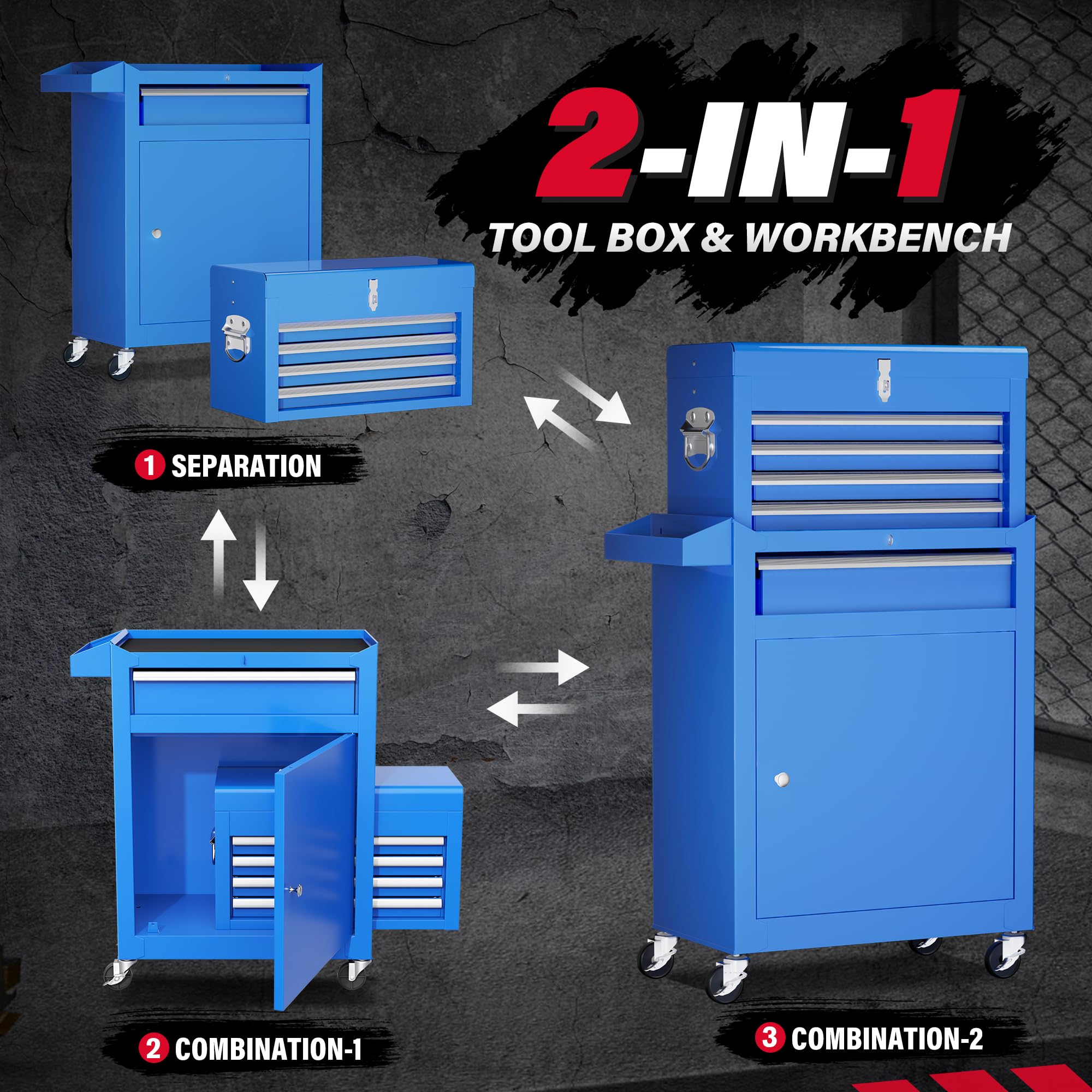Greenvelly 5-Drawer Rolling Metal Tool Chest with Wheels, 2-in-1 Detachable Tool Cabinet, Locking System & Liners - Heavy Duty Garage Storage for Workshop, Warehouse, Barber Shop (Blue) - Perfect for Mechanics, DIY Enthusiasts & Professional Tradesmen