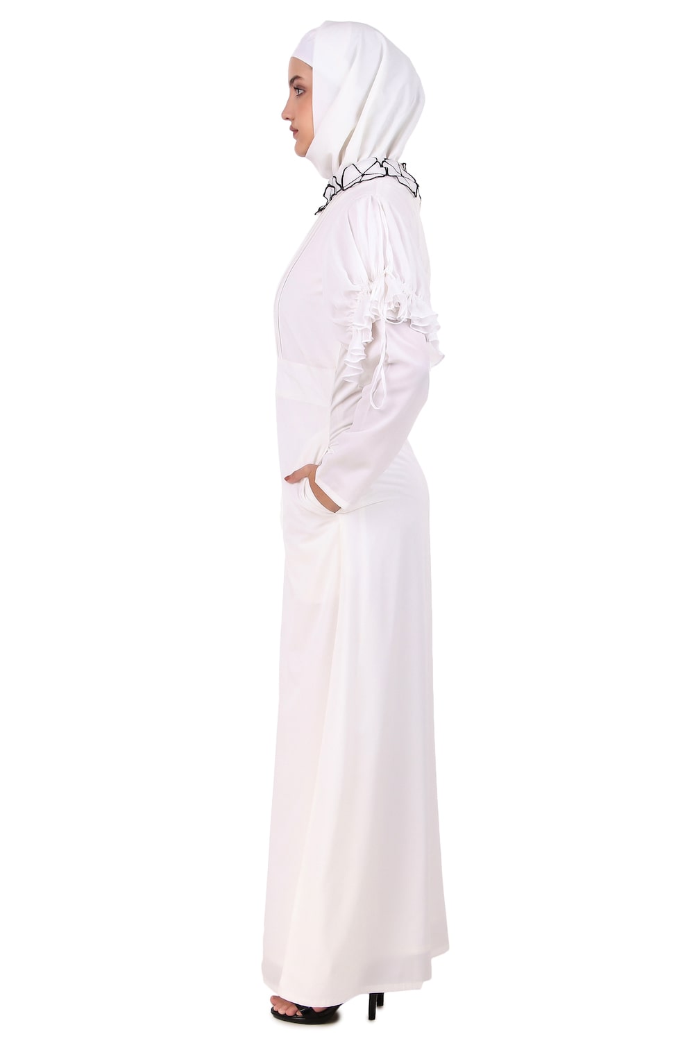 Elegant White Embroidered Floral Neck Abaya Dress for Women - Perfect for Prayer, Eid, and Special Occasions