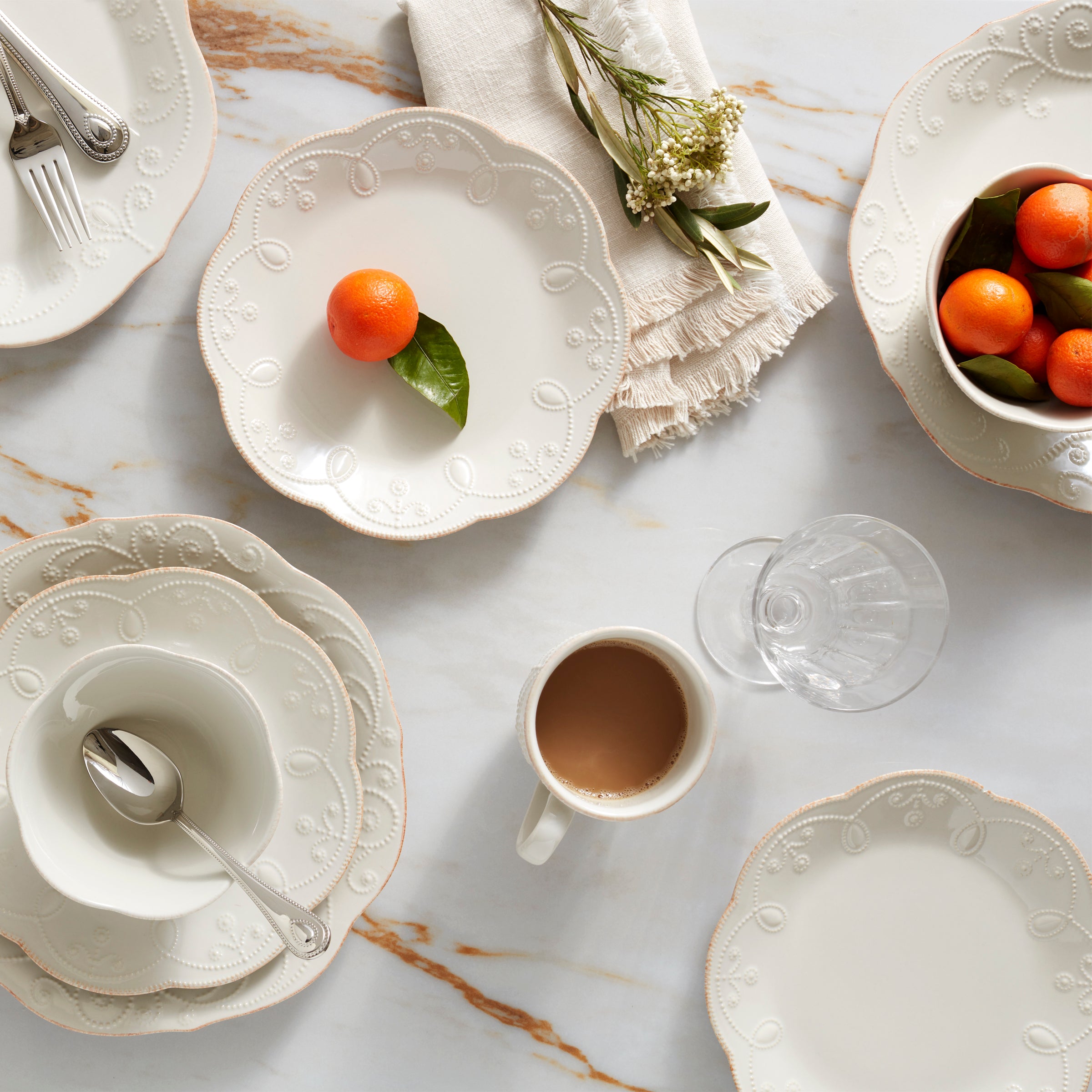 French Pearl White 4-Piece Dinner Plate Set - Elegant Tableware for Fine Dining, Wedding, and Special Occasions