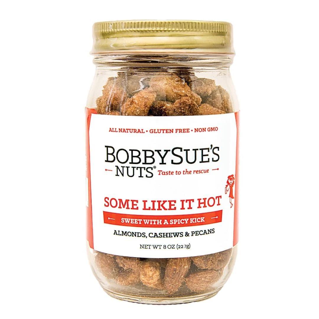 BobbySue's Nuts Some Like It Hot Gourmet Nut Mix - Spicy All Natural Snacks with Almonds, Cashews & Pecans | Gluten Free, Low Sugar, High Protein | Perfect for Office Snacks, Parties & Healthy On-the-Go Nutrition (8oz Jar)