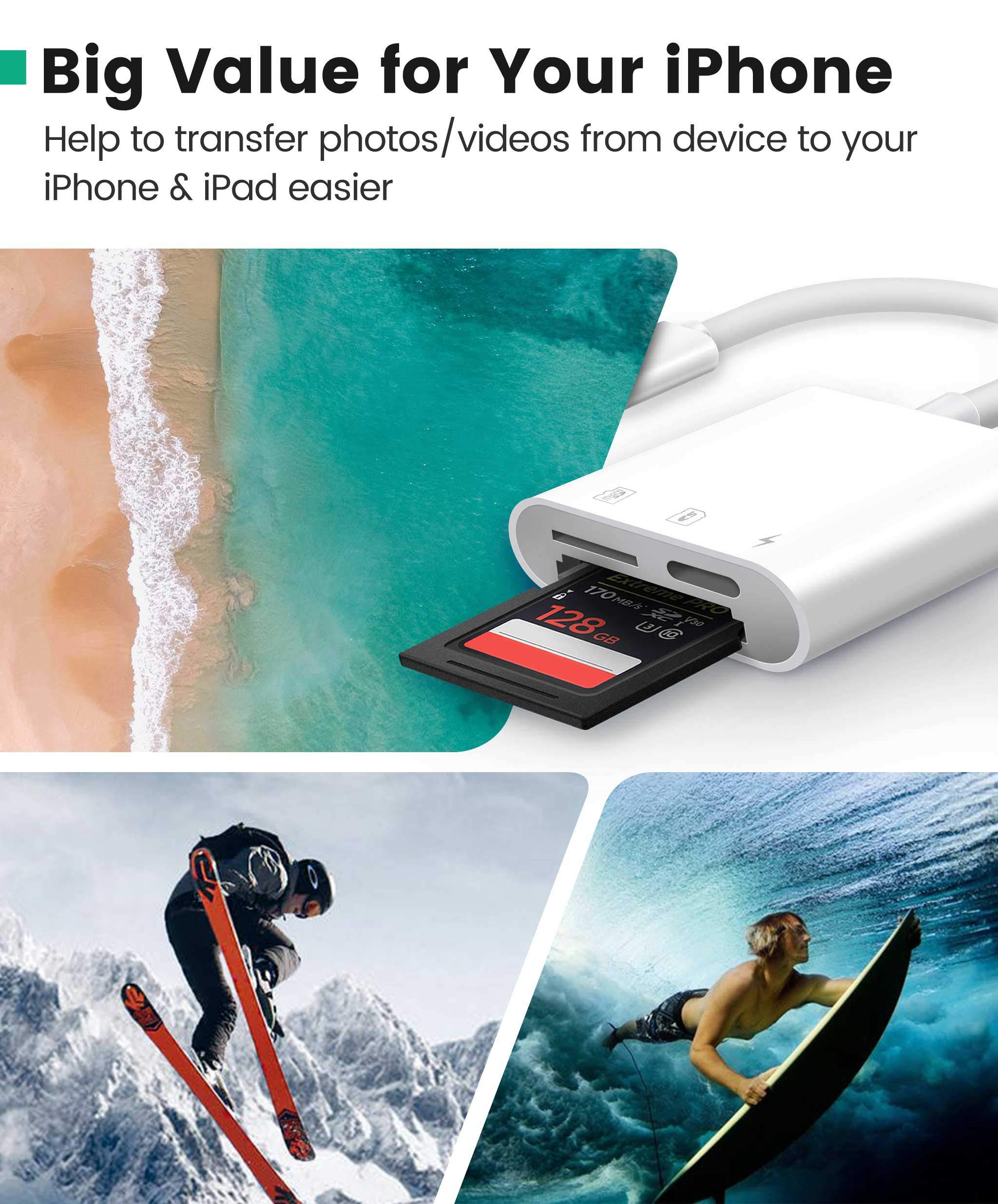 **AkHolz 2-in-1 SD Card Reader for iPhone & iPad - Lightning to USB/SD Adapter for DSLR, Dash Cam, Trail Camera - Portable, No App Needed - Perfect for Travel, Photography & Data Transfer**