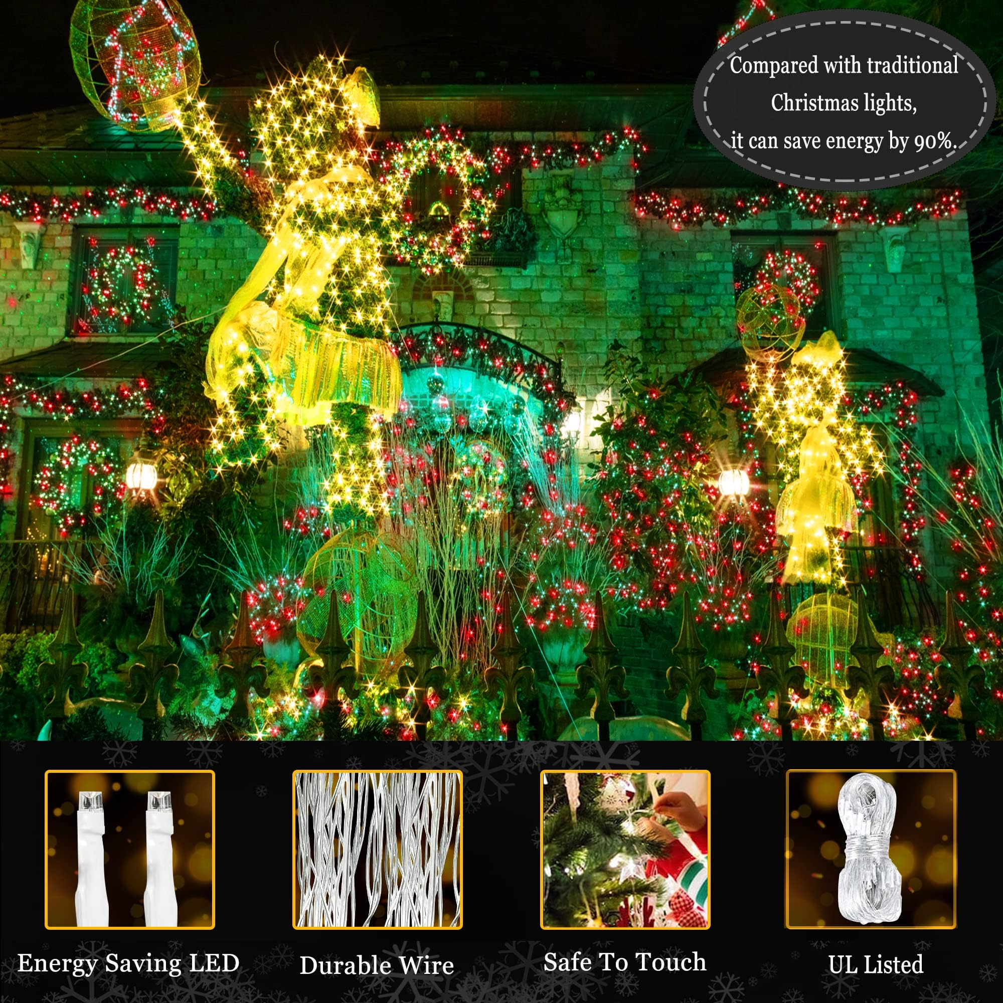 KNONEW 500 LED 197ft Outdoor Christmas String Lights - 8 Modes with Memory Function, Waterproof Plug-in Fairy Lights for Xmas Tree, Yard, Wedding & Party Decorations (Red & Green) - Perfect for Holiday, Garden, Patio and Indoor Festive Lighting