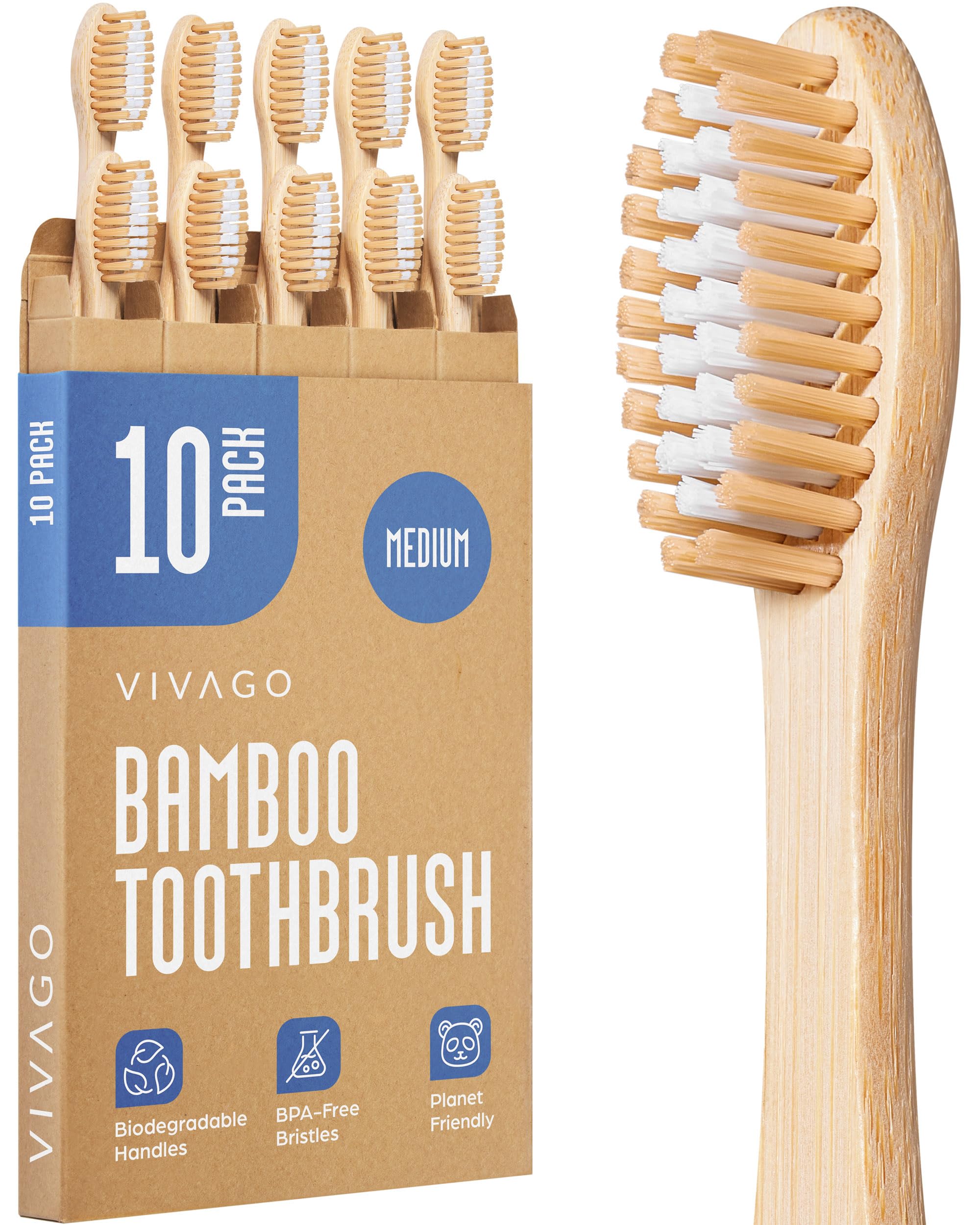 Eco-Friendly Bamboo Toothbrushes 10 Pack - BPA Free Medium Bristles for Adults | Biodegradable & Compostable Natural Wooden Toothbrush Set | Perfect for Travel, Home & Sustainable Oral Care