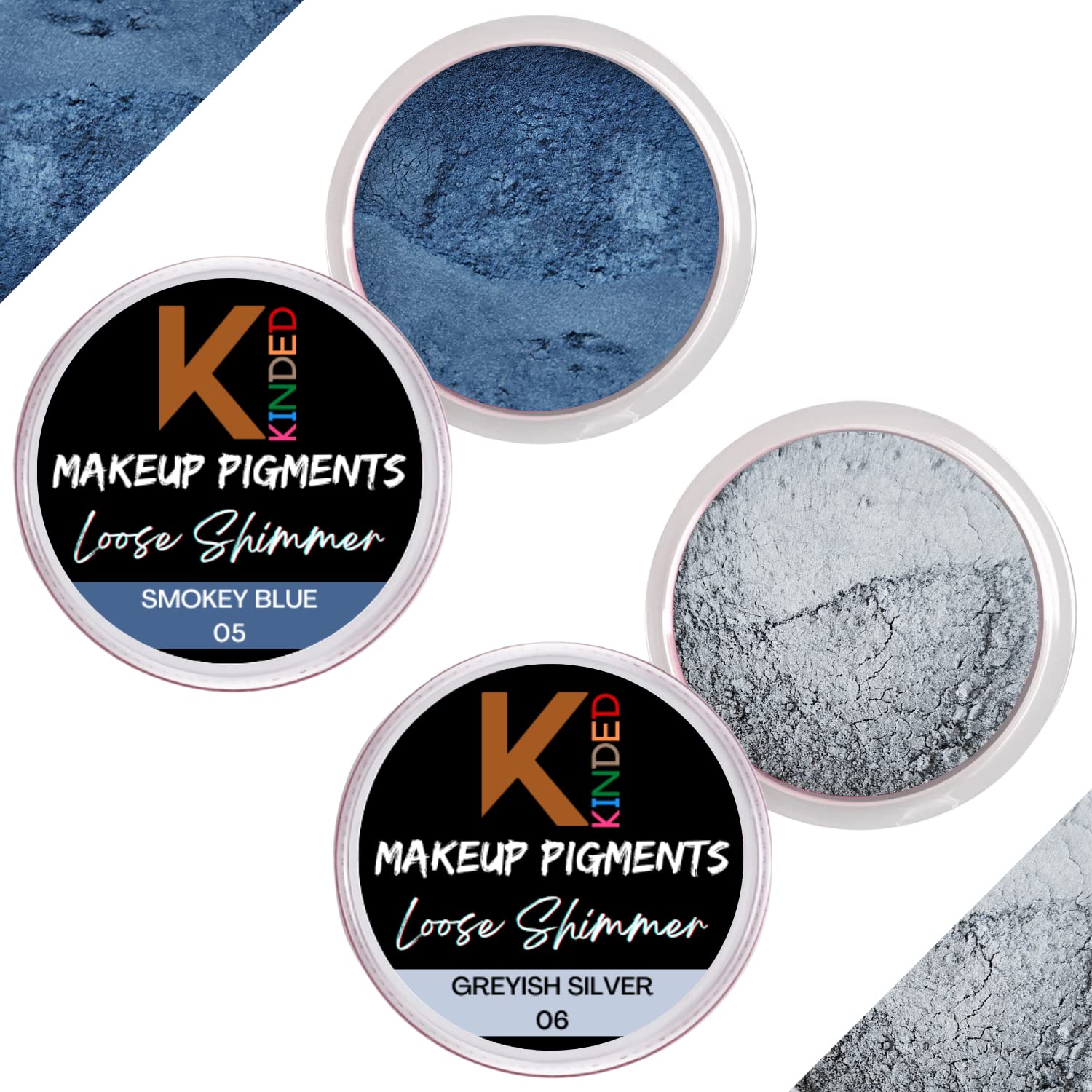 KINDED Loose Shimmer Makeup Foil Pigments - Metallic Glitter Eyeshadow for Smokey Eyes, Face Highlighting & Body Art (3g Each, Smokey Blue & Greyish Silver) | Perfect for Party Makeup, Festival Looks & Professional Beauty Applications
