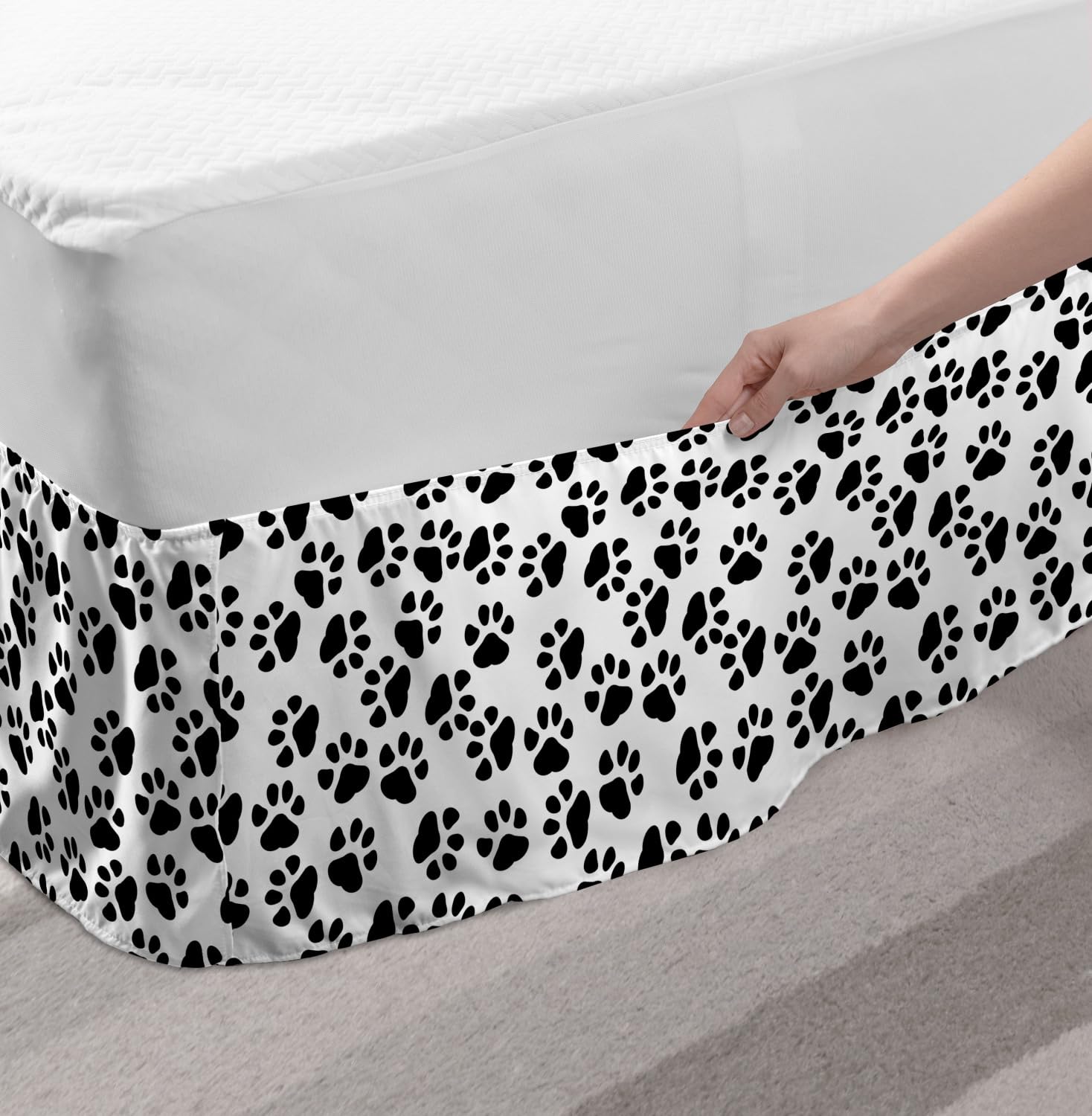Ambesonne Paw Print Bed Skirt - Dog Cat Pet Design, Twin/Twin XL, White & Grey - Perfect for Pet Lovers' Bedrooms