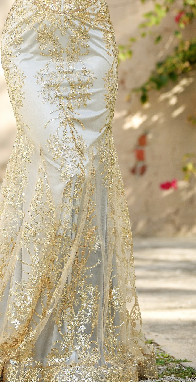 Lyra Gown Gold Mist - Fitted Floral Glitter Print Corset Evening Dress for Prom, Wedding & Special Occasions