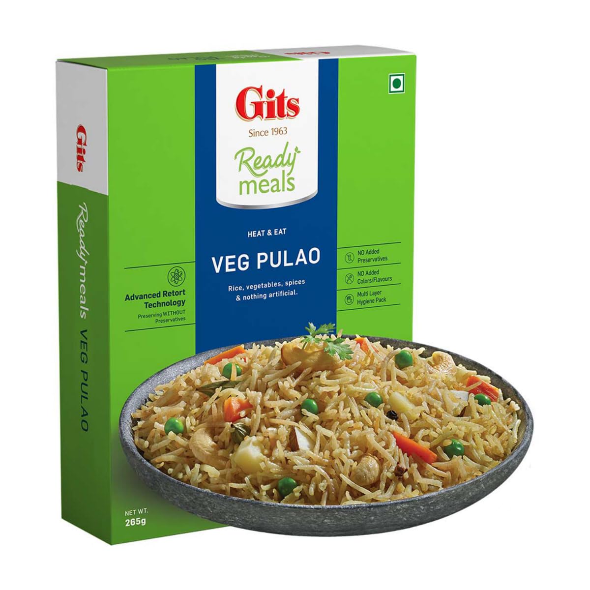 Gits Ready to Eat Veg Pulao - Microwaveable Vegetarian Rice Dish (265g) | Quick Indian Meal for Lunch, Dinner & Travel | Heat & Eat Convenience
