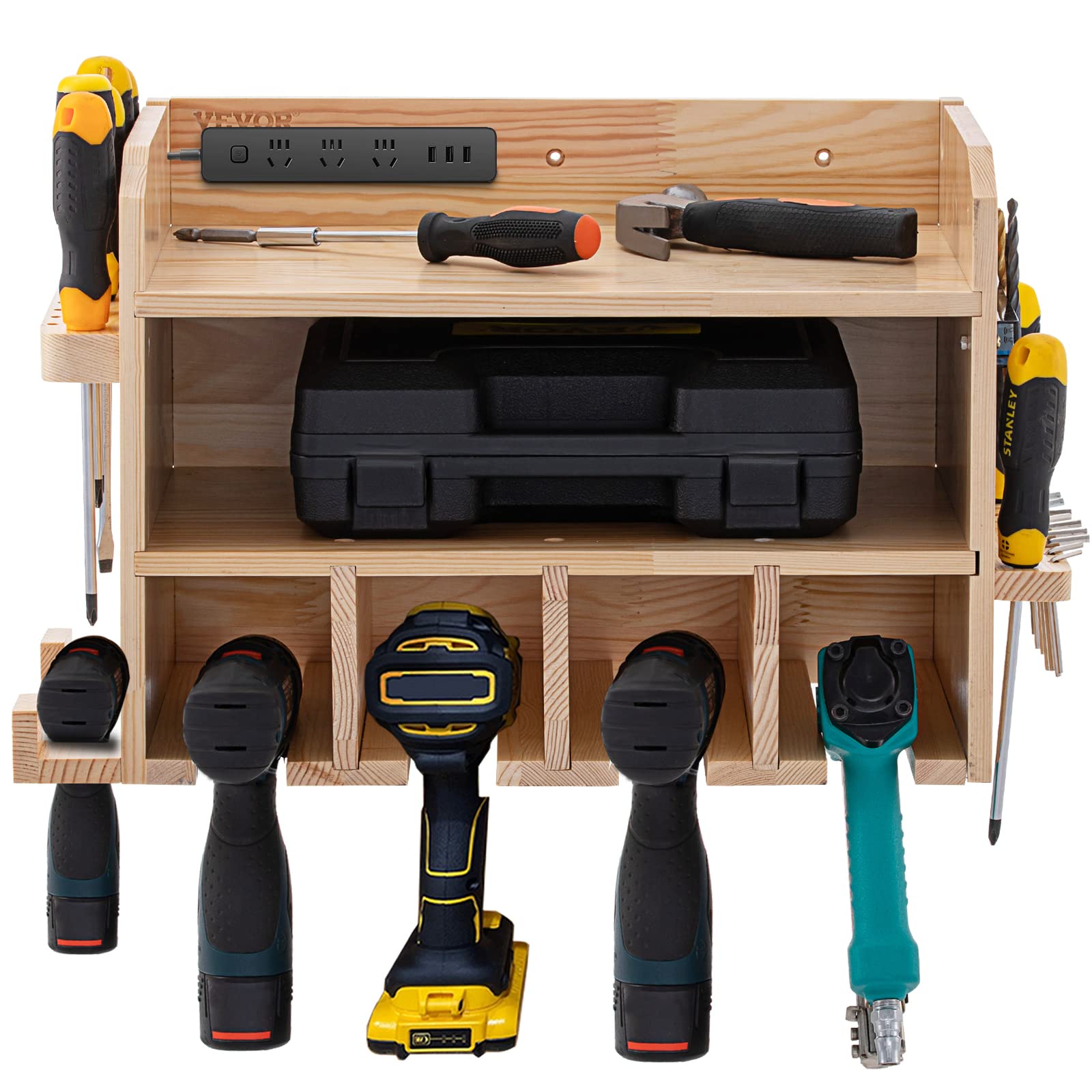 VEVOR Wall Mounted Power Tool Organizer - 4 Hanging Slots Drill Holder & Charging Station with 2 Shelves - Polished Wooden Tool Storage for Drills, Saws, Wrenches & Screwdrivers - Perfect for Garage, Workshop & DIY Projects