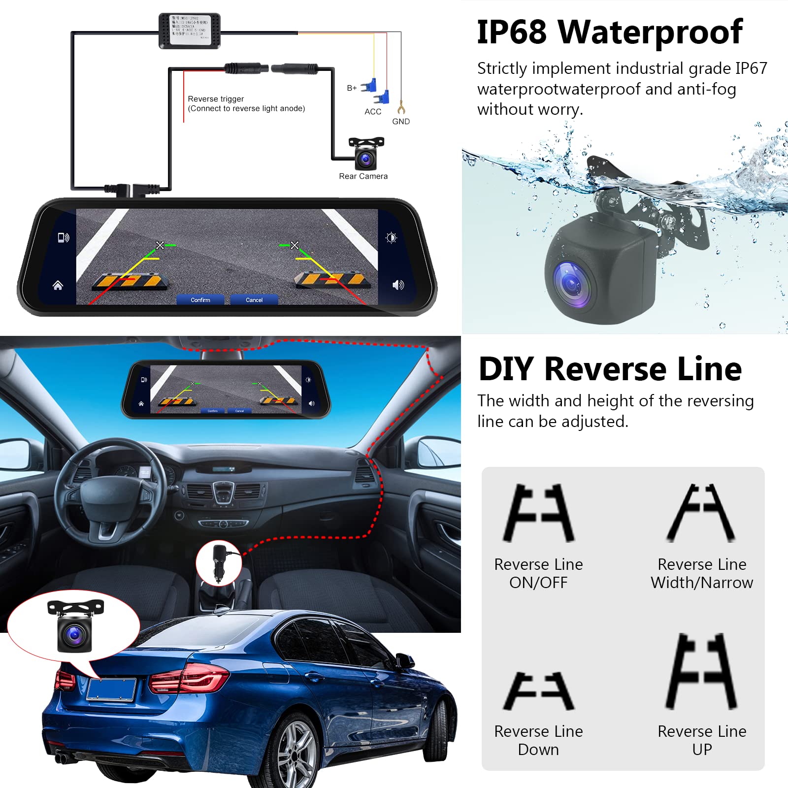 9.66 Inch Wireless Bluetooth Carplay Dash Cam with Rearview Mirror & Reversing Camera - 1080P HD Touch Screen, Night Vision, G-Sensor, 32GB SD Card (140° Front/170° Rear View) - Perfect for Safe Driving, Parking Assistance & Road Trip Recording