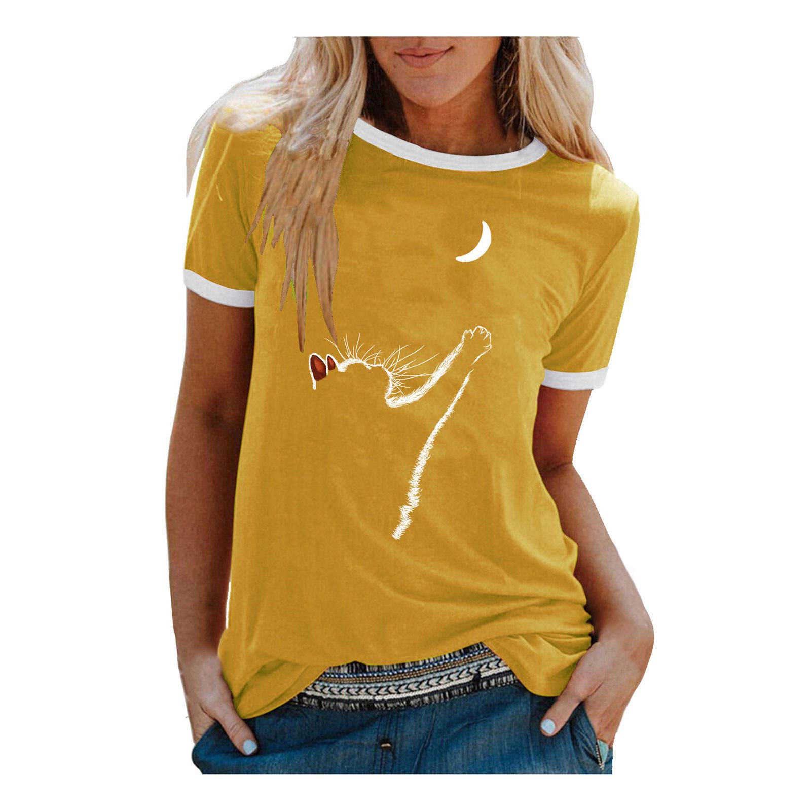 Women's Classic Short Sleeve Crewneck Blouse with Creative Cat Print - Professional Office Wear & Casual T-Shirt for Everyday Comfort