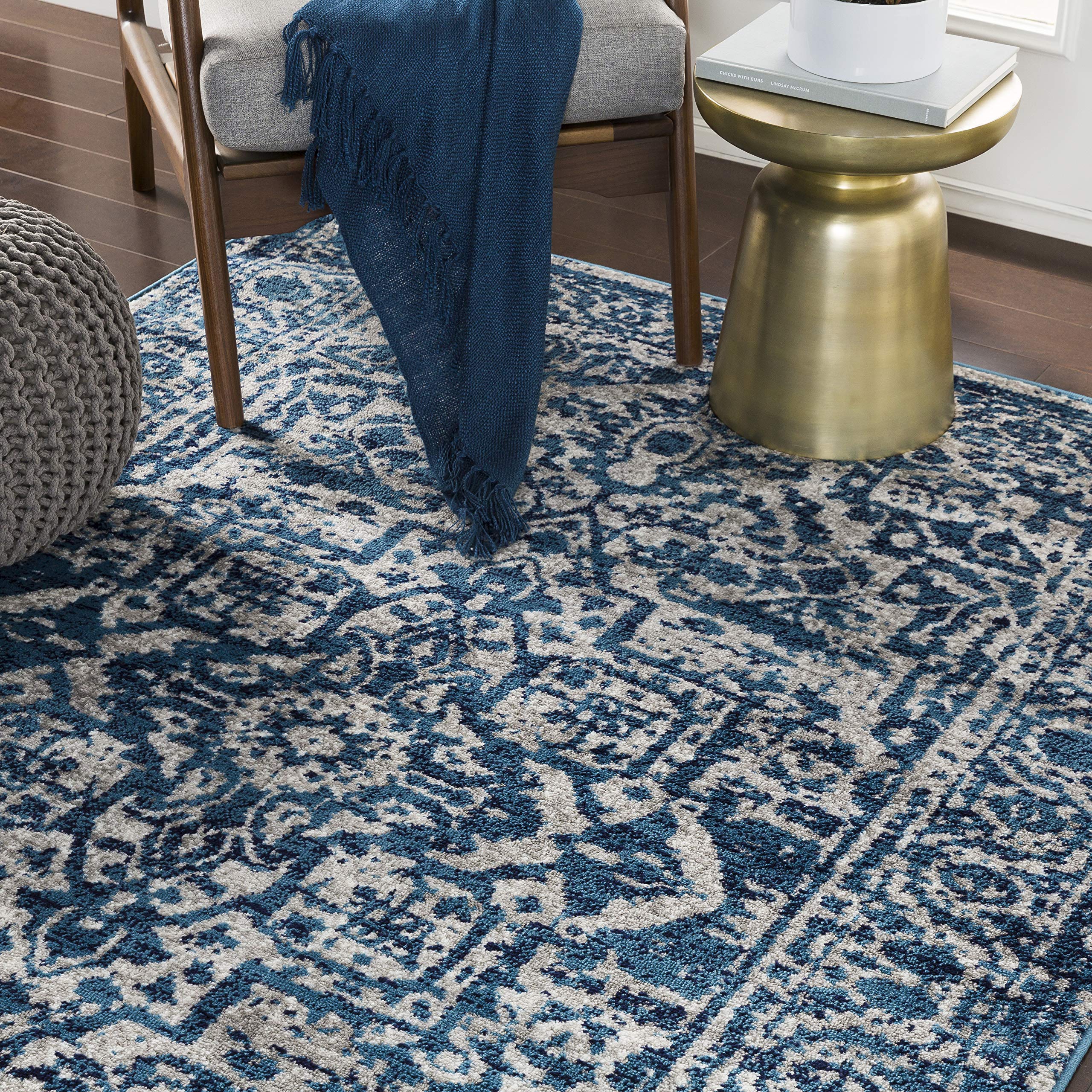 Mark&Day 5ft Round Emma Traditional Sky Blue Area Rug - Soft Blue & White Carpet for Living Room, Bedroom, Kitchen - 5'3
