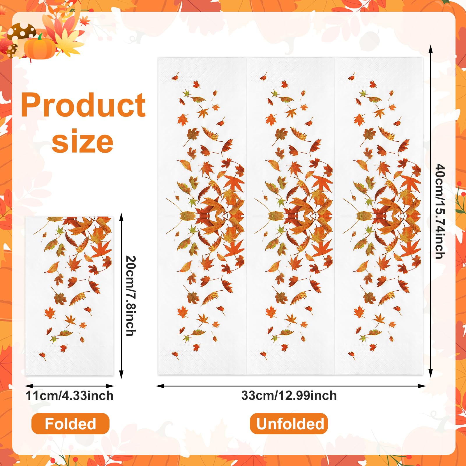 100PCS Fall Leaves Napkins - 3-Ply Disposable Thanksgiving Napkins for Bathroom & Kitchen | Decorative Autumn Paper Guest Towels | Perfect for Thanksgiving Dinner, Fall Home Decor & Party Table Settings