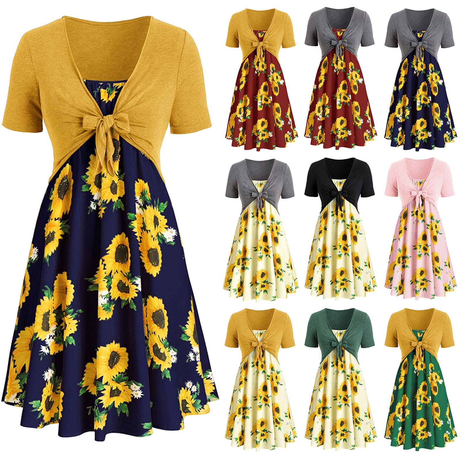 Handyulong Women's Summer Two-Piece Dress Set - Fashion Bowknot Bandage Top & Sunflower Print Midi Skirt | Beach Vacation, Cocktail Party, Date Night Outfits