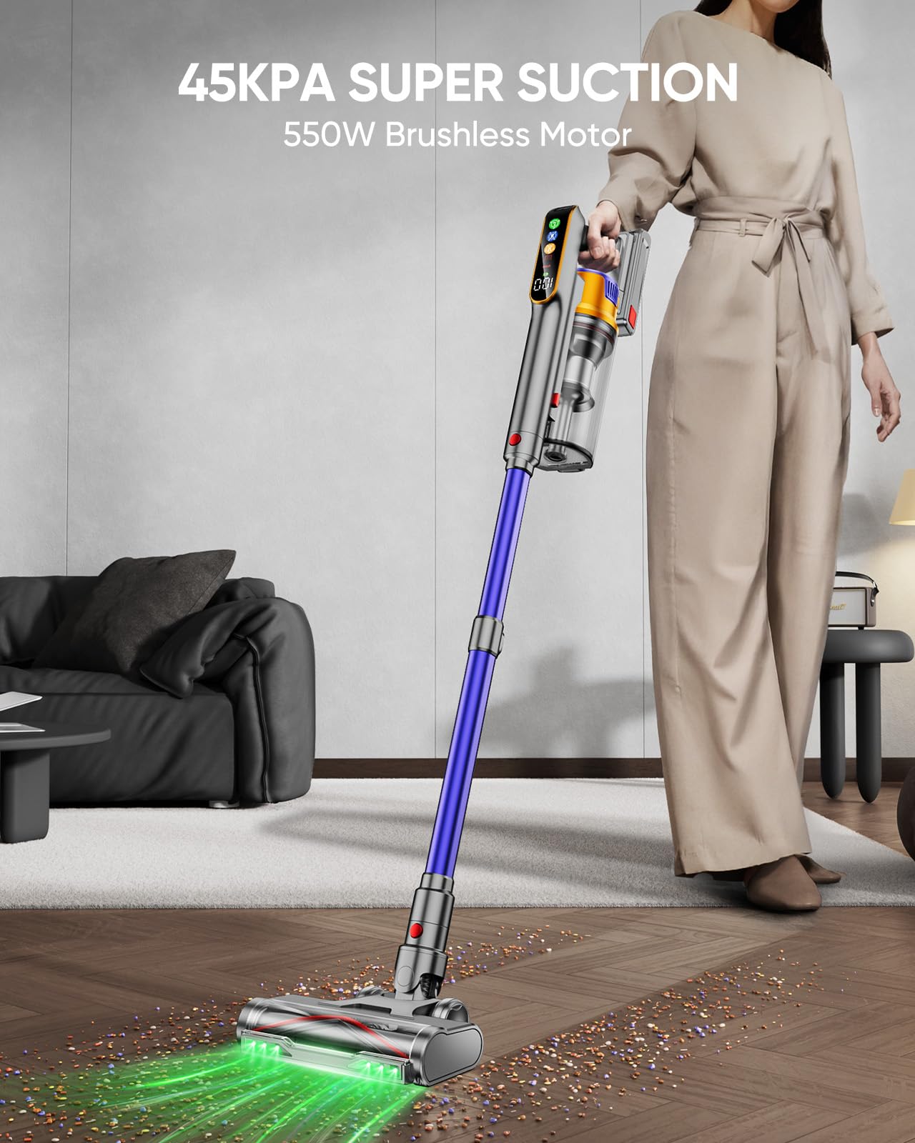 Powerful 550W 45KPA Cordless Vacuum Cleaner - 60 Min Runtime, Wall Mount Charging, Anti-Tangle Technology - Ideal for Pet Hair, Carpets & Hard Floors | Perfect for Quick Cleanups & Whole-House Cleaning