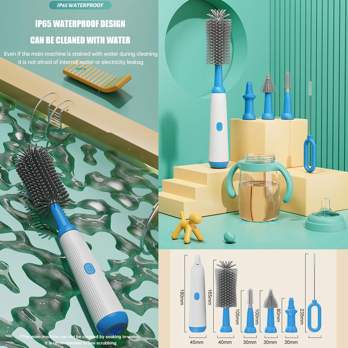 Honboom Rechargeable Electric Bottle Brush - Waterproof 2-Speed Baby Bottle Cleaner with Nipple Brush for Pacifiers, Straws & Travel Bottles | Perfect for Home, Nursery & On-the-Go Cleaning (Green)