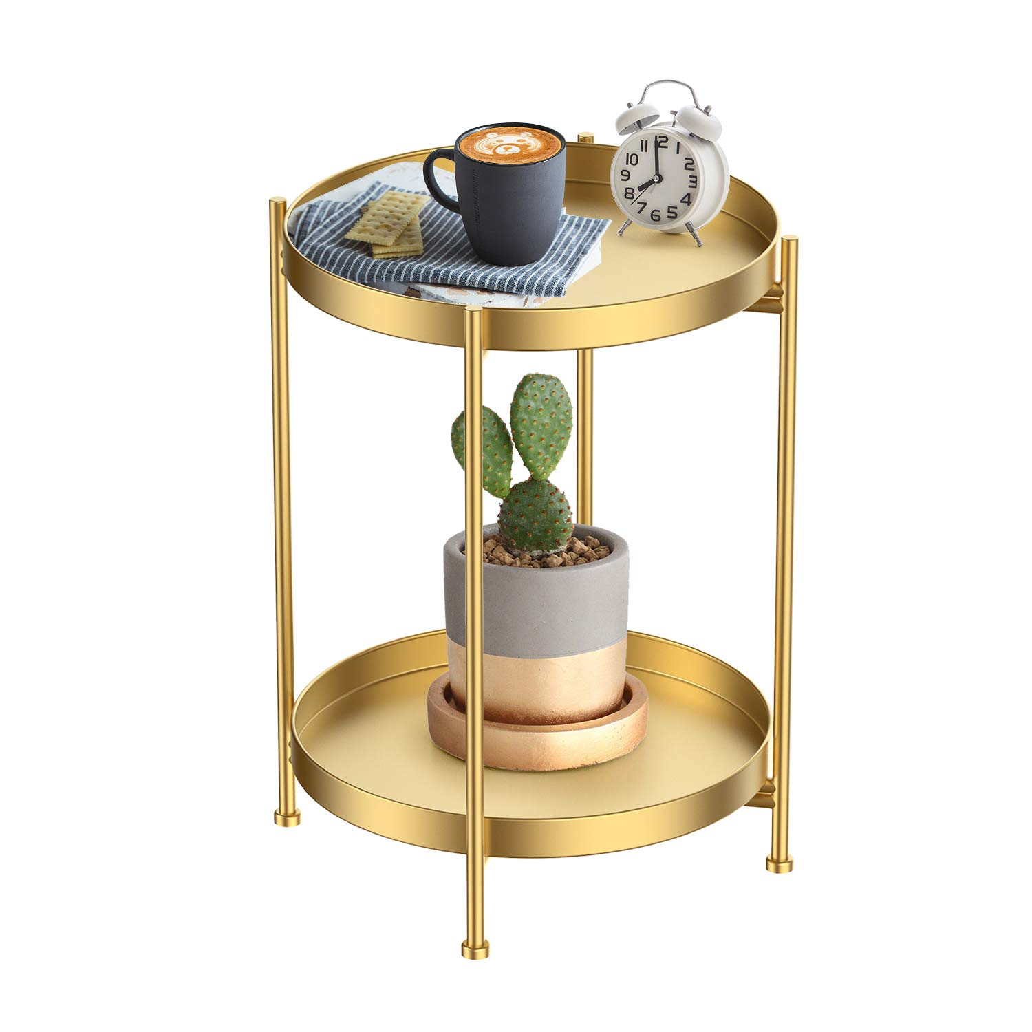 Gold Round Side Table with 2-Tier Tray - Metal End Table for Living Room, Sofa & Small Spaces - Perfect for Coffee, Tea & Living Room Decor