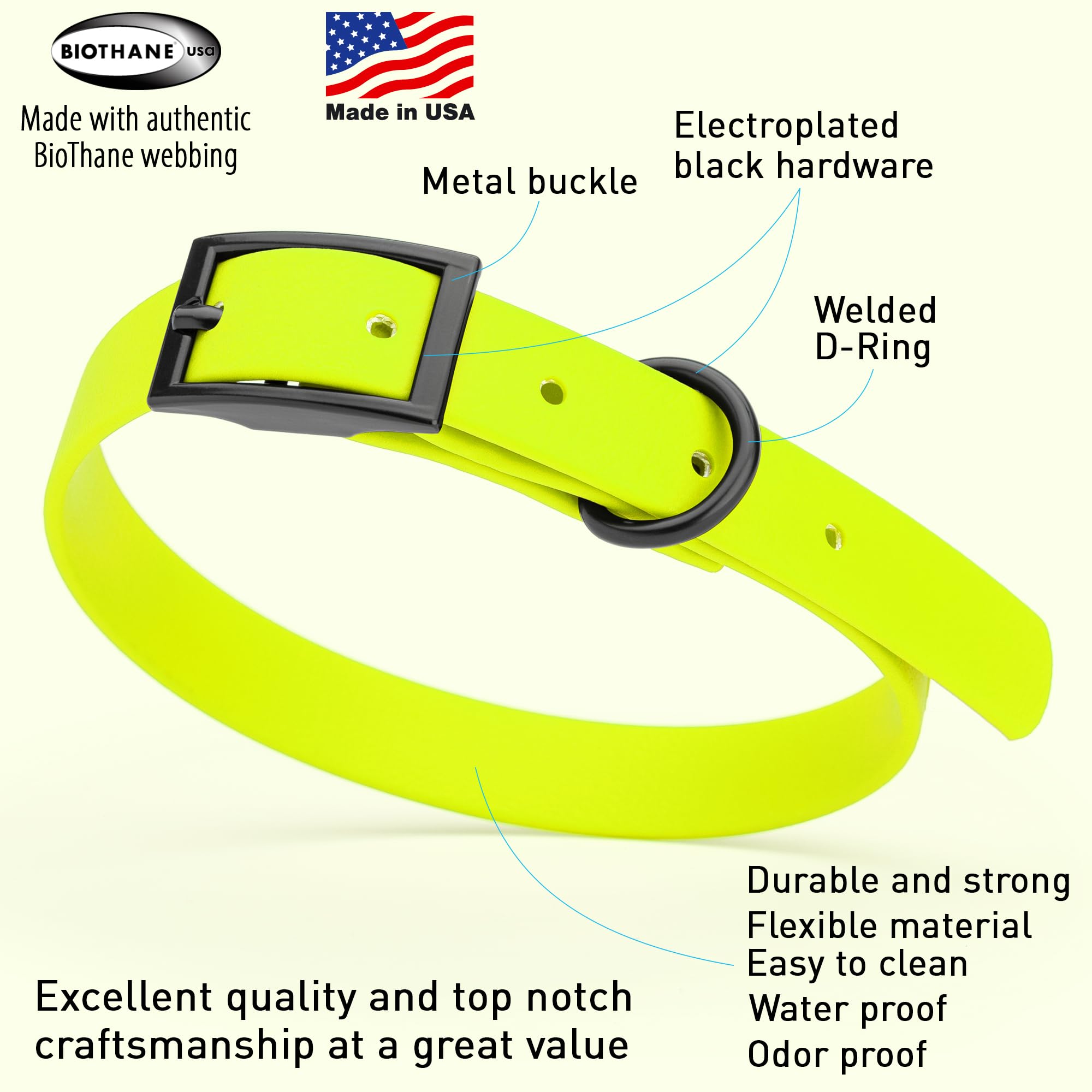 **Waterproof Biothane Dog Collar - Durable Coated Nylon Webbing with Black Hardware, Odor-Proof, Easy to Clean for Small, Medium & Large Dogs (Safety Yellow) - Perfect for Hiking, Swimming & Outdoor Adventures**