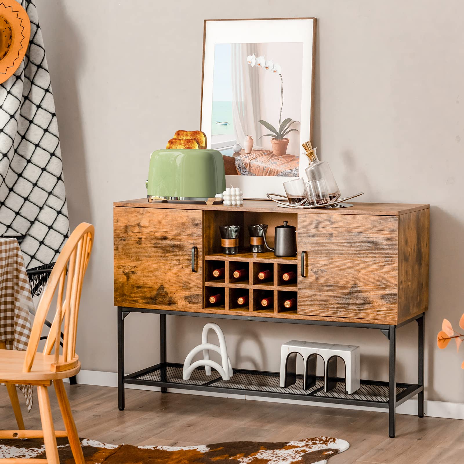 Giantex Industrial Wine Cabinet - Freestanding Kitchen Buffet Sideboard with Mesh Shelf, 2 Door Storage Cabinet & Console Table for Dining Room, Living Room, Hallway - Rustic Brown & Black | Perfect for Home Bar, Wine Storage & Entryway Organization