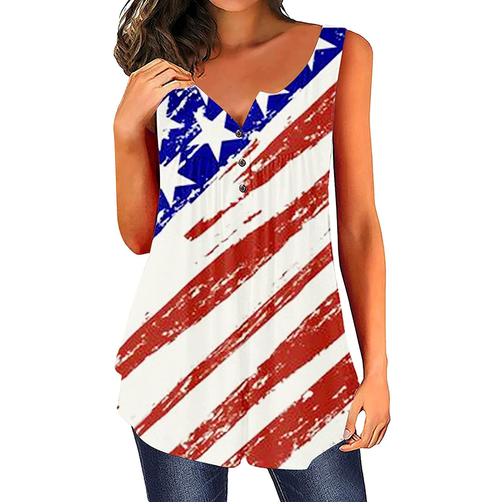 Women's American Flag Tank Top - Patriotic Star & Stripe Print Summer Blouse for 4th of July, Beach, BBQ & Outdoor Events