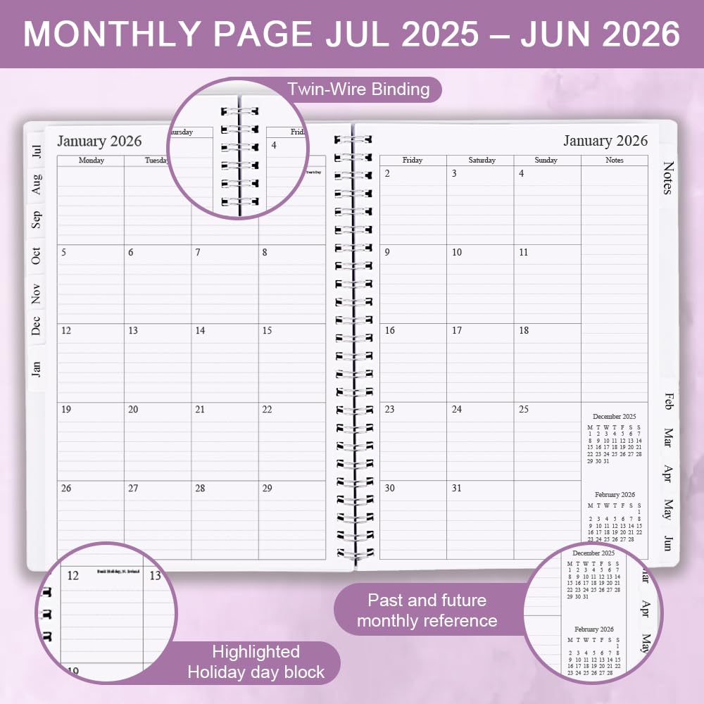 2025-2026 Weekly & Monthly Planner - A5 Diary Organizer with Monthly Tabs (July 2025-June 2026), Twin-Wire Binding, 14.8×21cm, Perfect for Work, School & Personal Scheduling | Productivity Planner for Students & Professionals