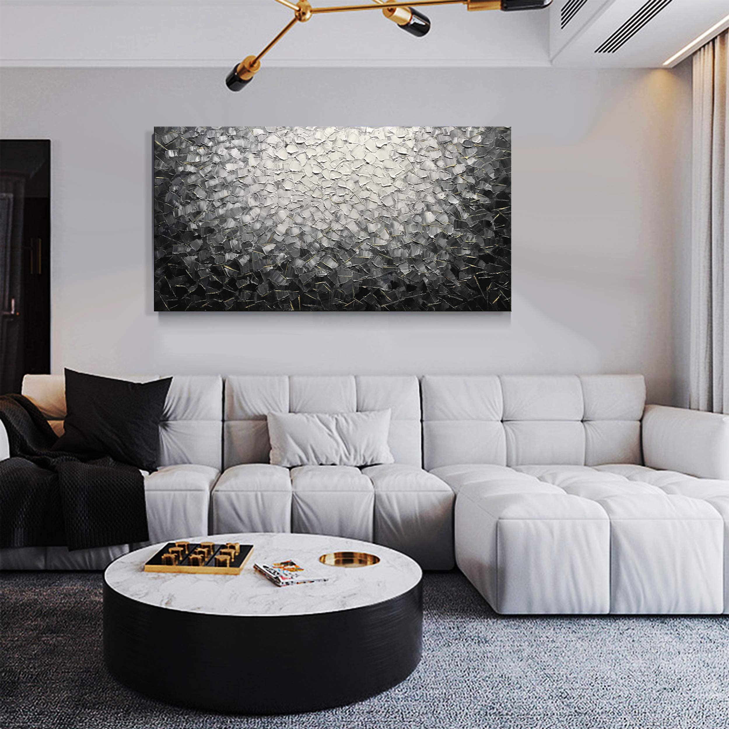 Modern Abstract Wall Art Canvas - 100% Hand-Painted Black & White Oil Painting - Large 24x48 Inch Wall Mural for Living Room Decor - Perfect for Home, Office & Modern Interior Design