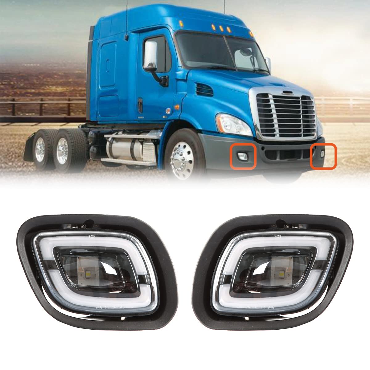 Freightliner Cascadia (2008-2017) LED Fog Lights - Waterproof Front Lamp Assembly with Bulbs for Driver & Passenger Sides (White, Pair) - Perfect for Night Driving & Heavy Rain Conditions
