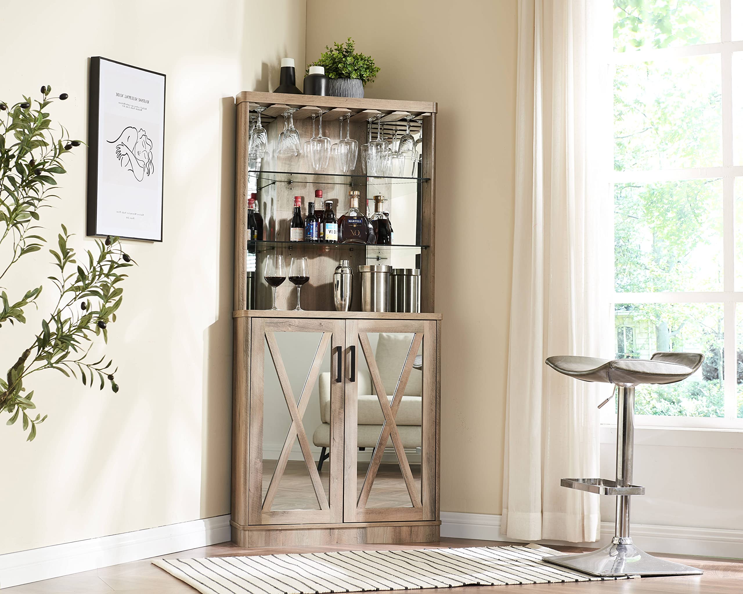 Stylish Grey Wash Corner Bar Cabinet with Mirrored Panels - Perfect for Small Spaces & Home Bars | Home Source