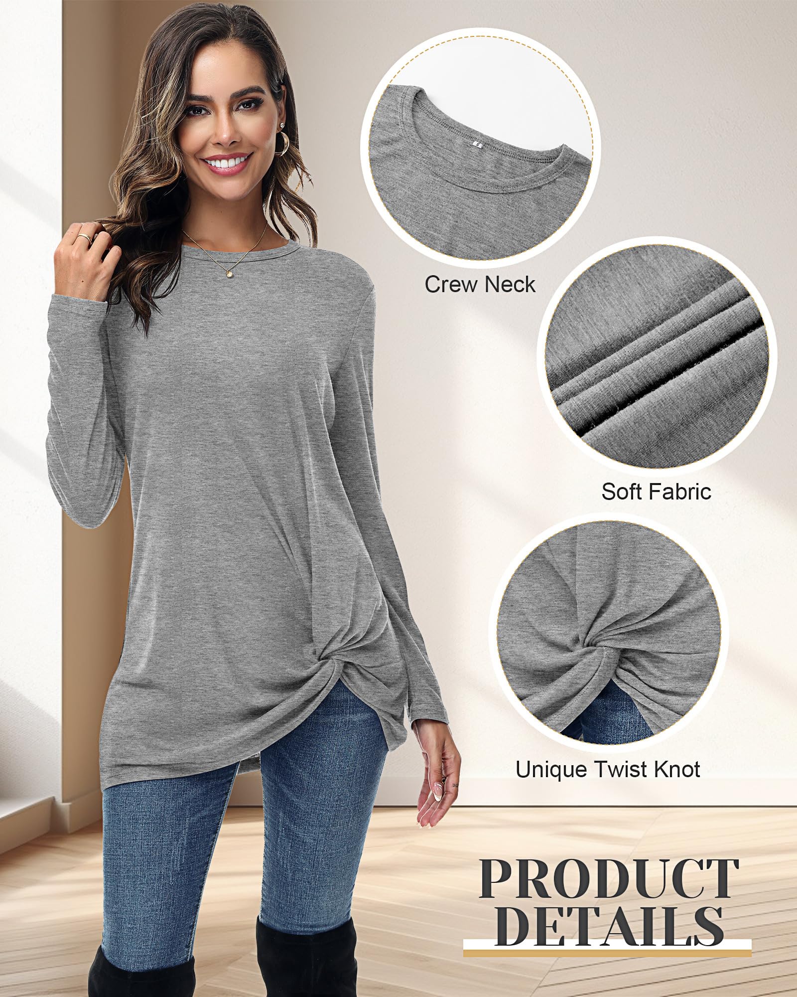 Ficerd 2 Pack Women's Long Sleeve Casual Tops - Twist Knot Tunic Blouses & Loose Tee Shirts for Everyday Wear, Office & Date Night Outfits