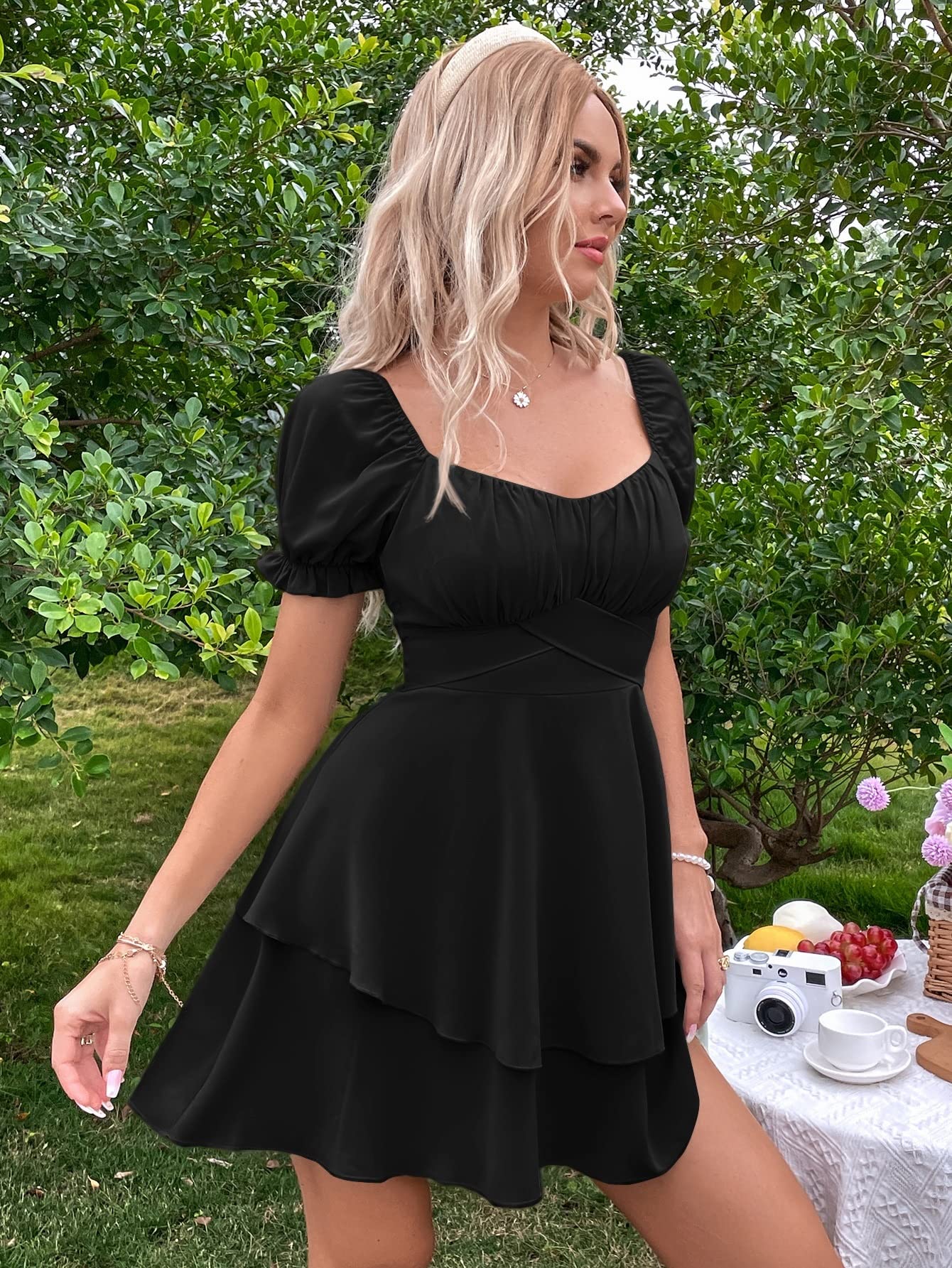 VIYAN Women's Boho Floral Summer Dress - Sweetheart Neckline, Short Sleeve, Flowy Hem - Perfect for Beach Vacation, Date Night & Casual Outings